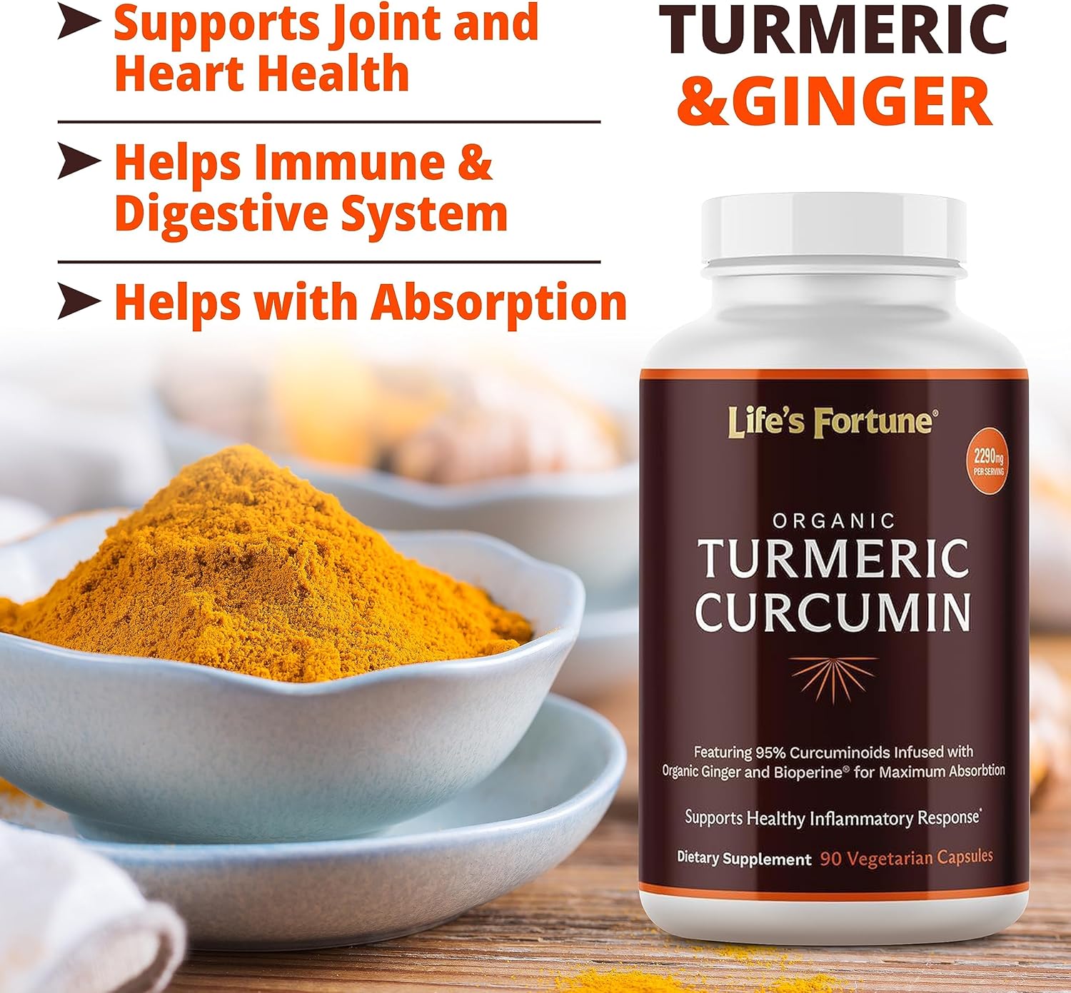 Organic Turmeric Curcumin with Black Pepper and Ginger - Enhanced Absorption, Extra Strength Supplement for Joint & Immune Support - Non-GMO, 90 Cap - 2250mg