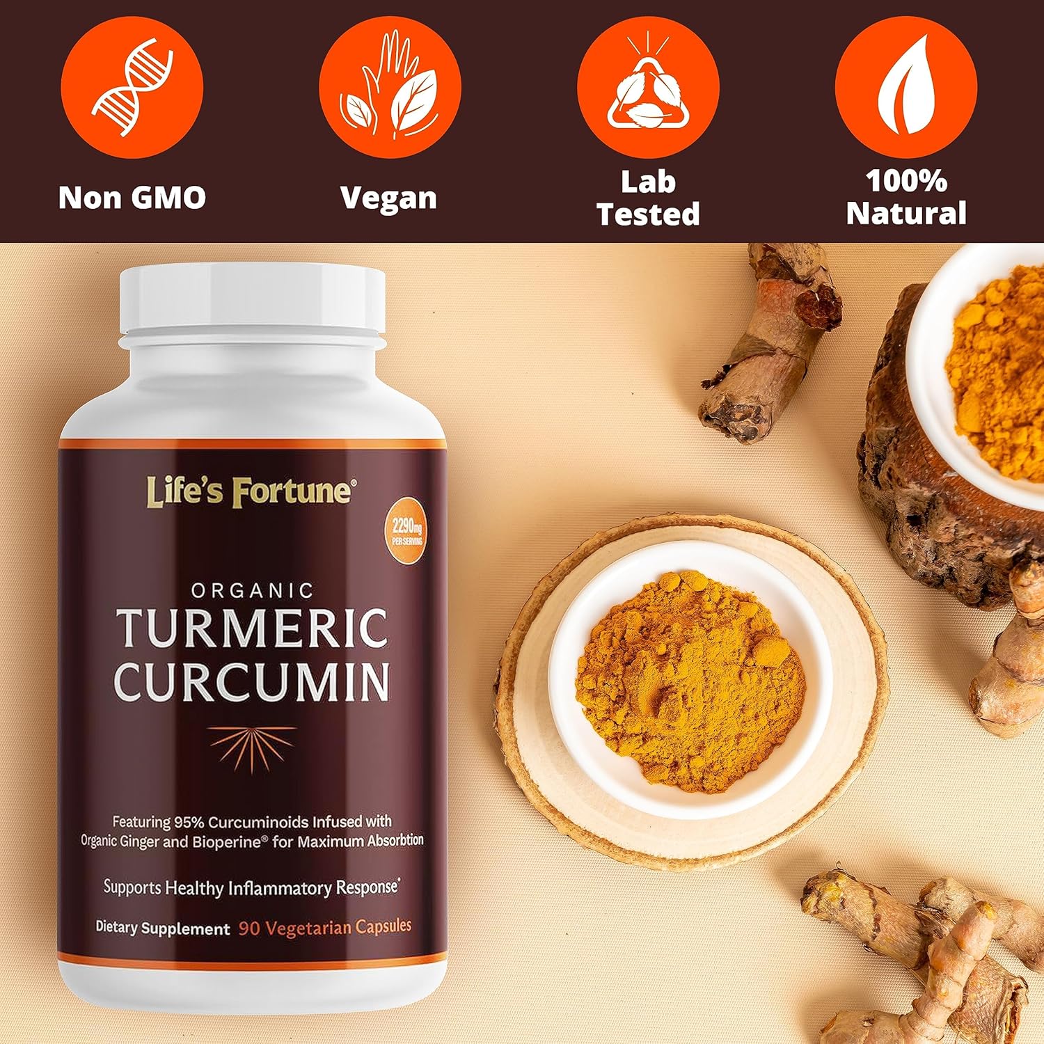 Organic Turmeric Curcumin with Black Pepper and Ginger - Enhanced Absorption, Extra Strength Supplement for Joint & Immune Support - Non-GMO, 90 Cap - 2250mg