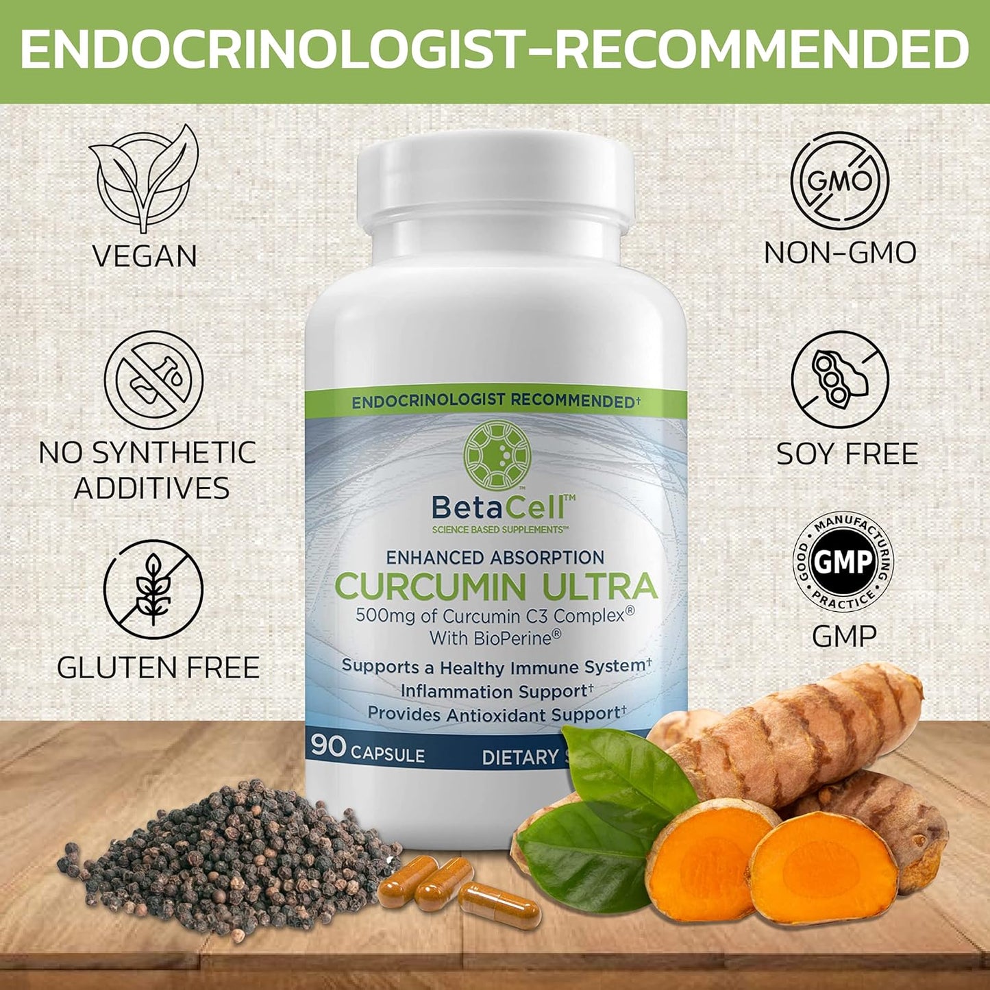 Organic Turmeric Curcumin with Black Pepper & Bioperine - 90 Capsules - Vitamins for Men and Women - Turmeric Supplement