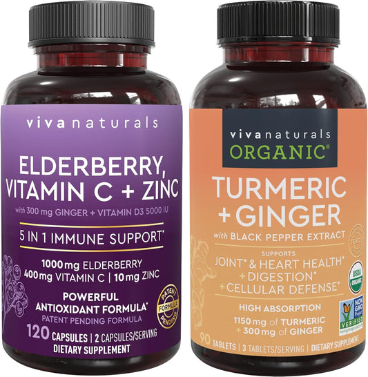 Organic Turmeric Curcumin with Black Pepper, Ginger, Elderberry & Essential Vitamins for Joint, Immune, Heart & Digestive Support