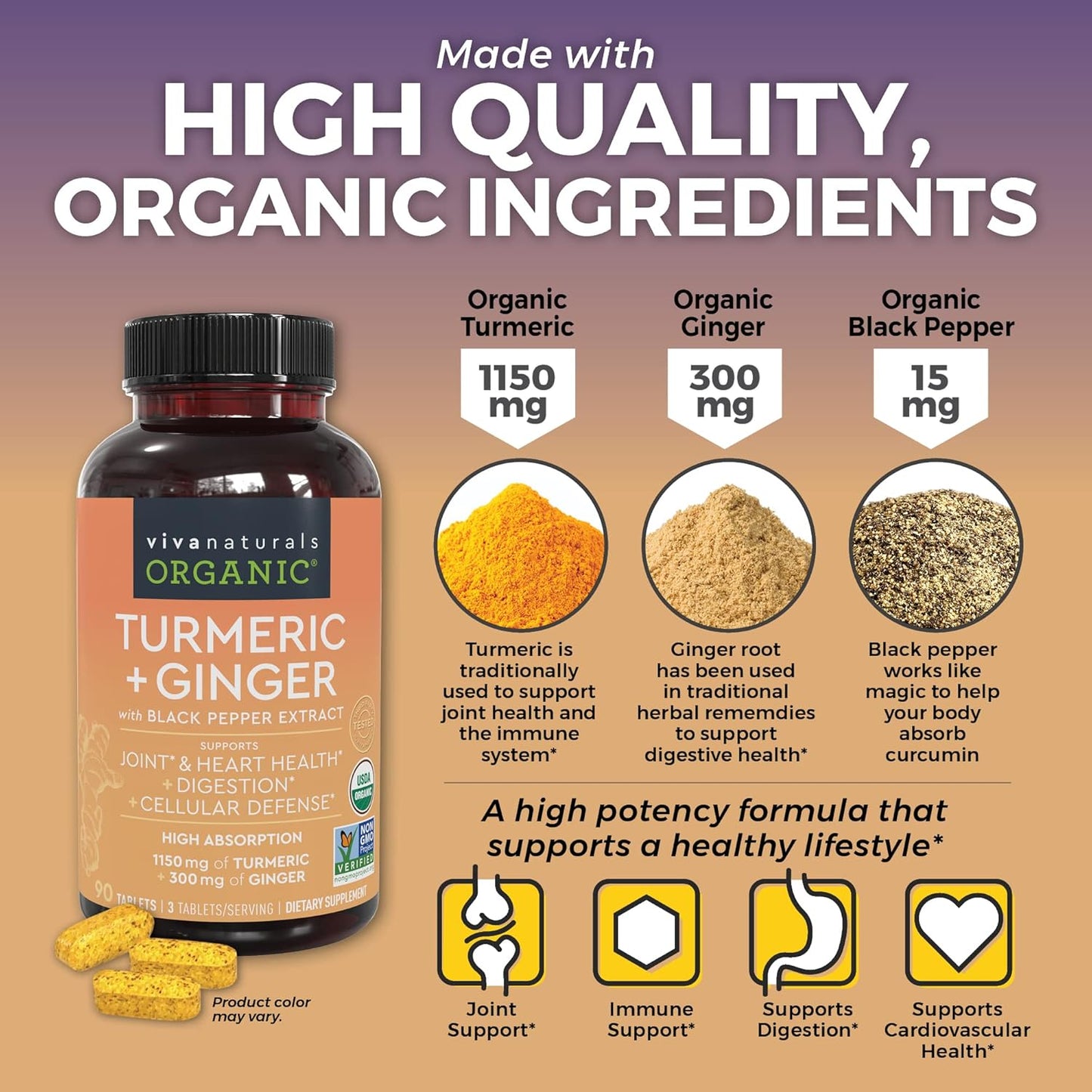 Organic Turmeric Curcumin with Black Pepper, Ginger, Elderberry & Essential Vitamins for Joint, Immune, Heart & Digestive Support