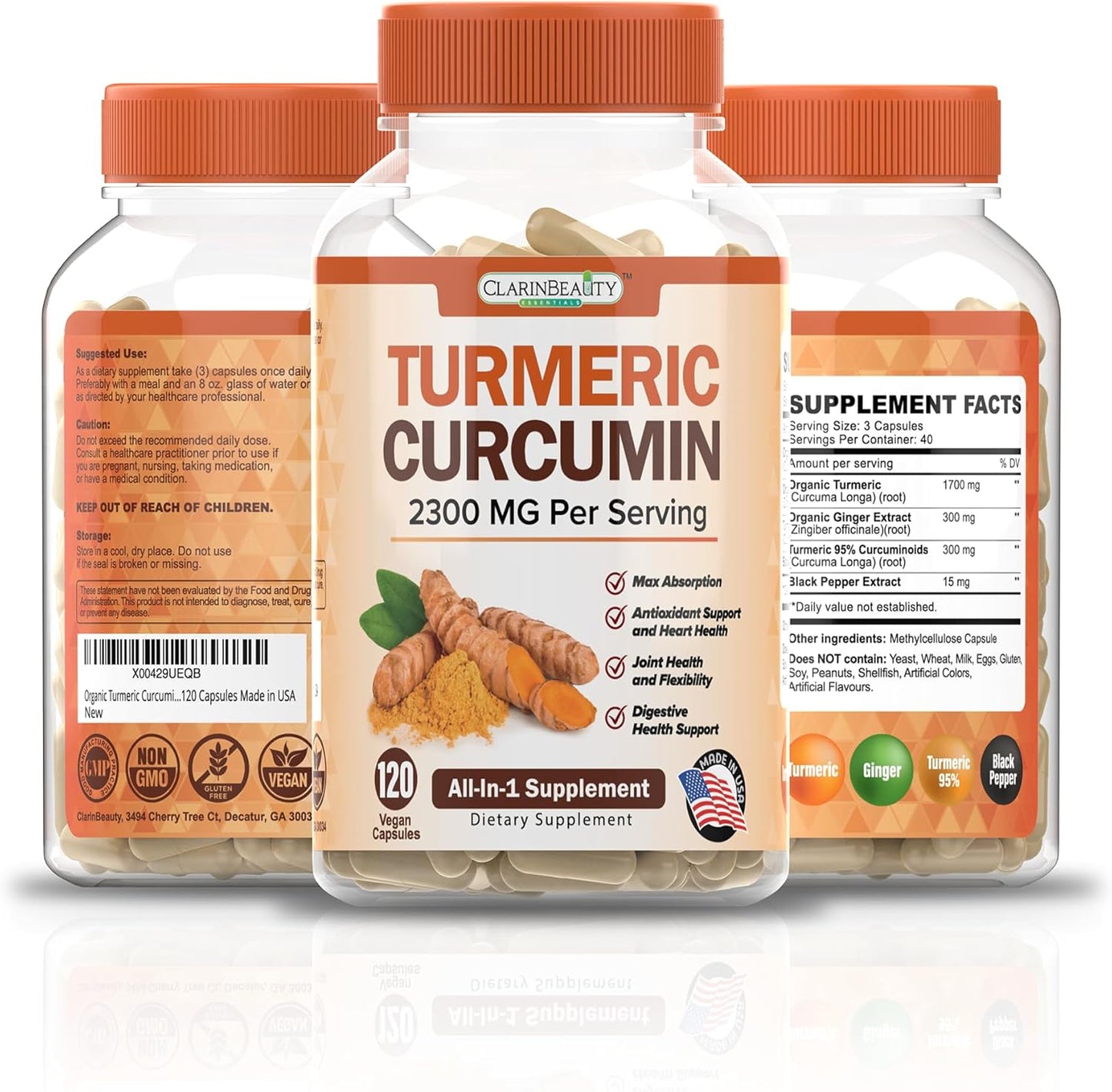 Organic Turmeric Curcumin with Ginger & BioPerine for Immunity & Joint Support - 120 Capsules USA Made
