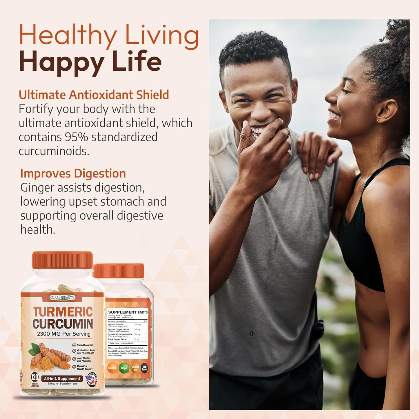 Organic Turmeric Curcumin with Ginger & BioPerine for Immunity & Joint Support - 120 Capsules USA Made