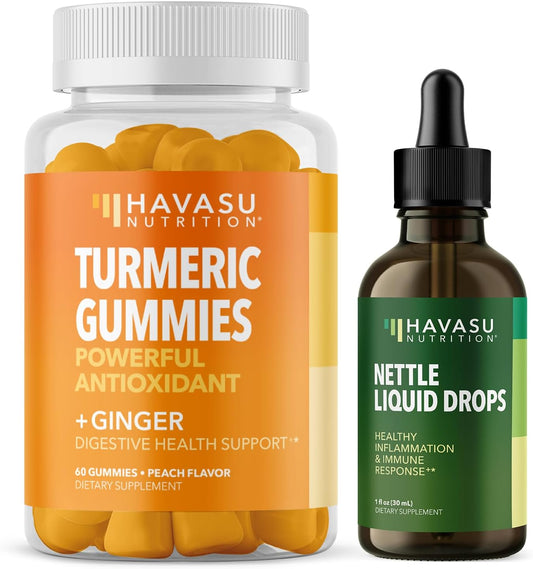 Organic Turmeric, Ginger, and Nettle Root Gummies & Drops for Metabolism, Prostate, Joint, & Immune Support - Non-GMO & Gluten-Free - 60 Gummies, 1 Fl Oz