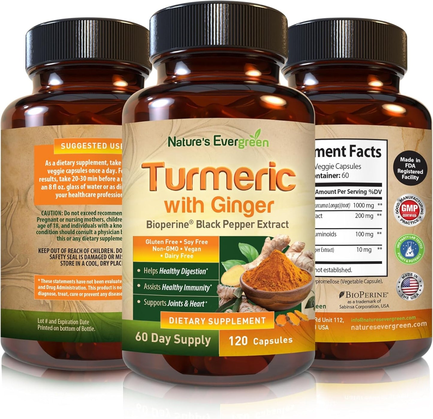 Organic Turmeric & Ginger Root Joint Support Supplement - 95% Curcuminoids - 120 Capsules with Black Pepper Extract