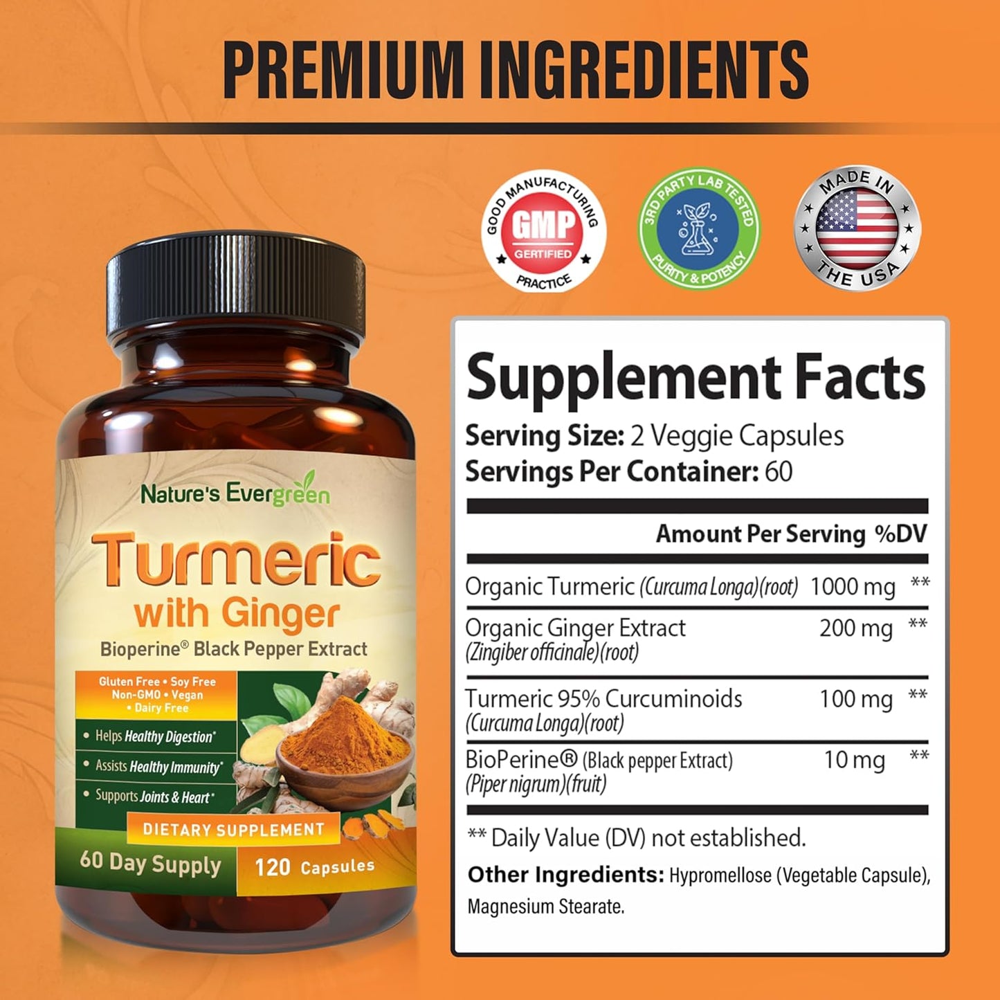 Organic Turmeric & Ginger Root Joint Support Supplement - 95% Curcuminoids - 120 Capsules with Black Pepper Extract