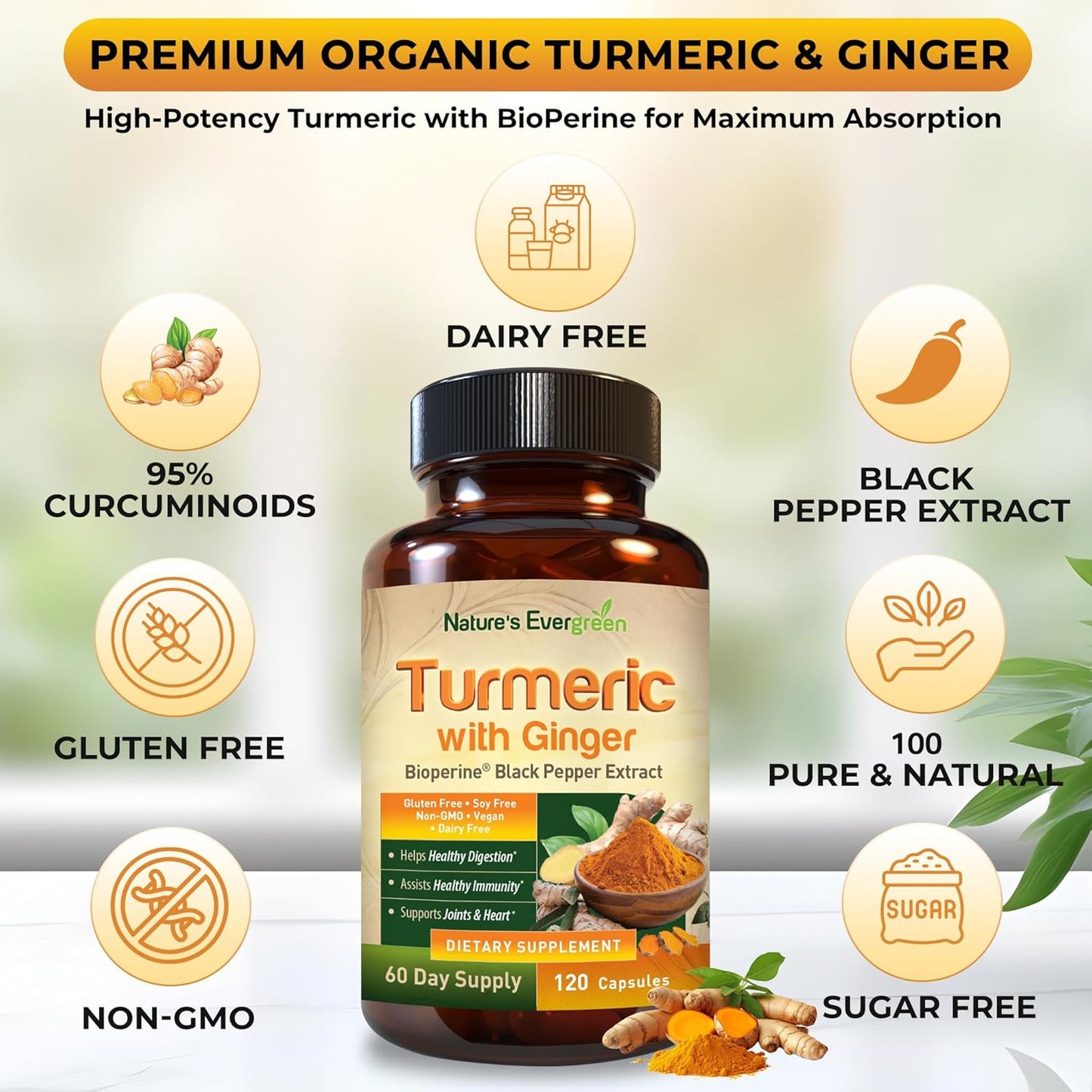 Organic Turmeric & Ginger Root Joint Support Supplement - 95% Curcuminoids - 120 Capsules with Black Pepper Extract