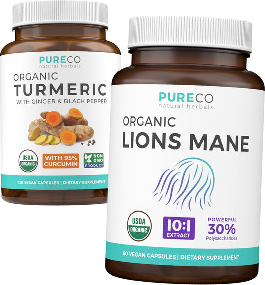 Organic Turmeric & Lions Mane Bundle - Turmeric Curcumin with Black Pepper & Ginger (120 Caps) + Lions Mane Mushroom 10:1 Extract (60 Caps)