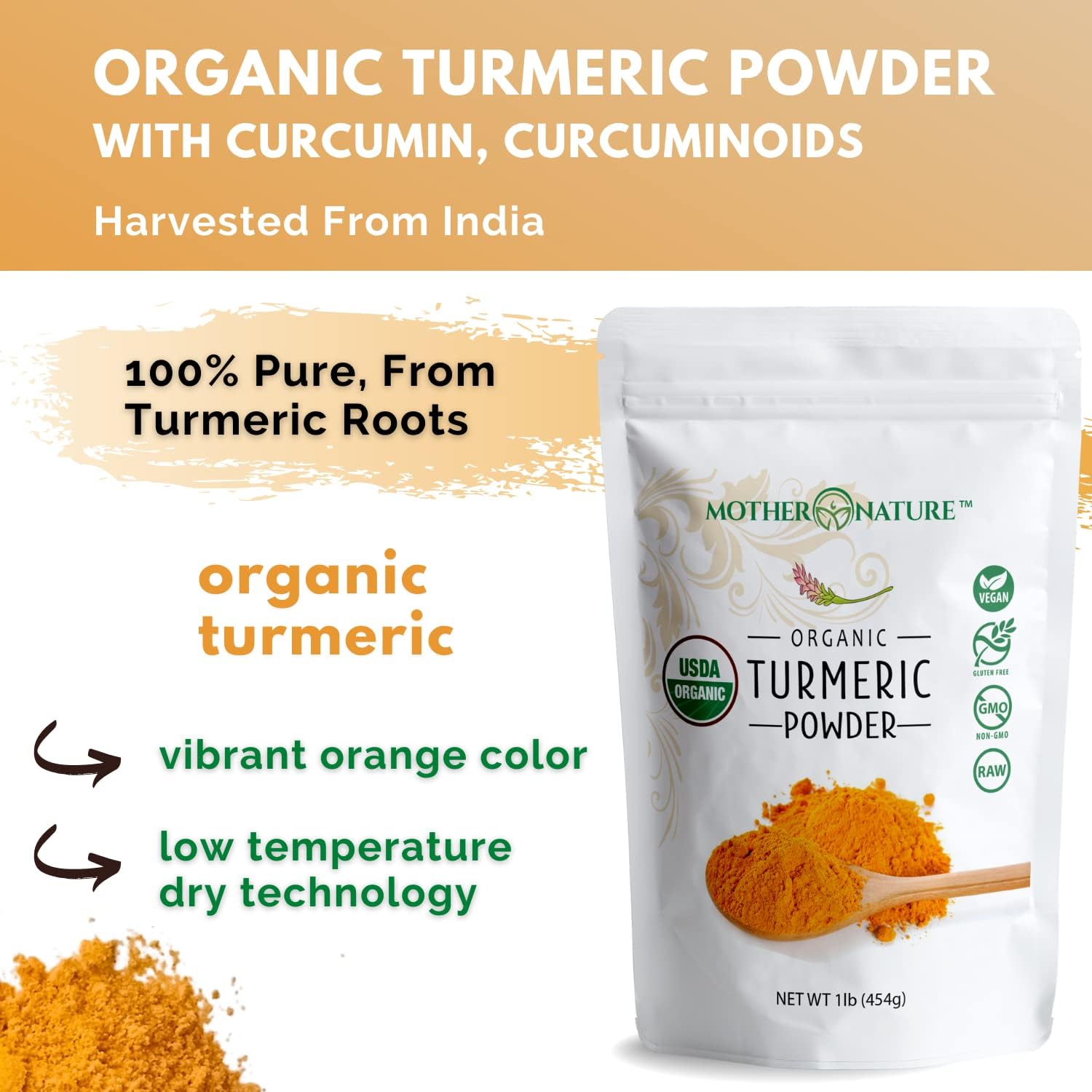 Organic Turmeric Powder with Curcumin - 1lb, 16oz - Joint Discomfort Relief, Anti-Inflammatory, Antioxidant - Vegan, Gluten-Free, Non-GMO, Dairy-Free - Mother Nature Organics Superfood
