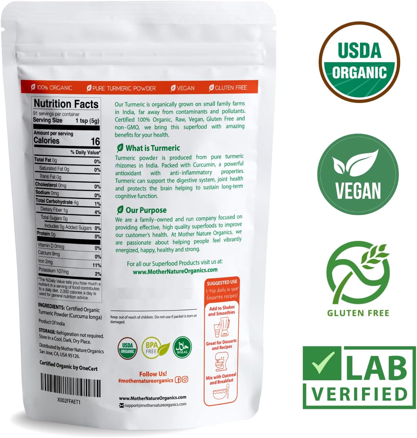 Organic Turmeric Powder with Curcumin - 1lb, 16oz - Joint Discomfort Relief, Anti-Inflammatory, Antioxidant - Vegan, Gluten-Free, Non-GMO, Dairy-Free - Mother Nature Organics Superfood