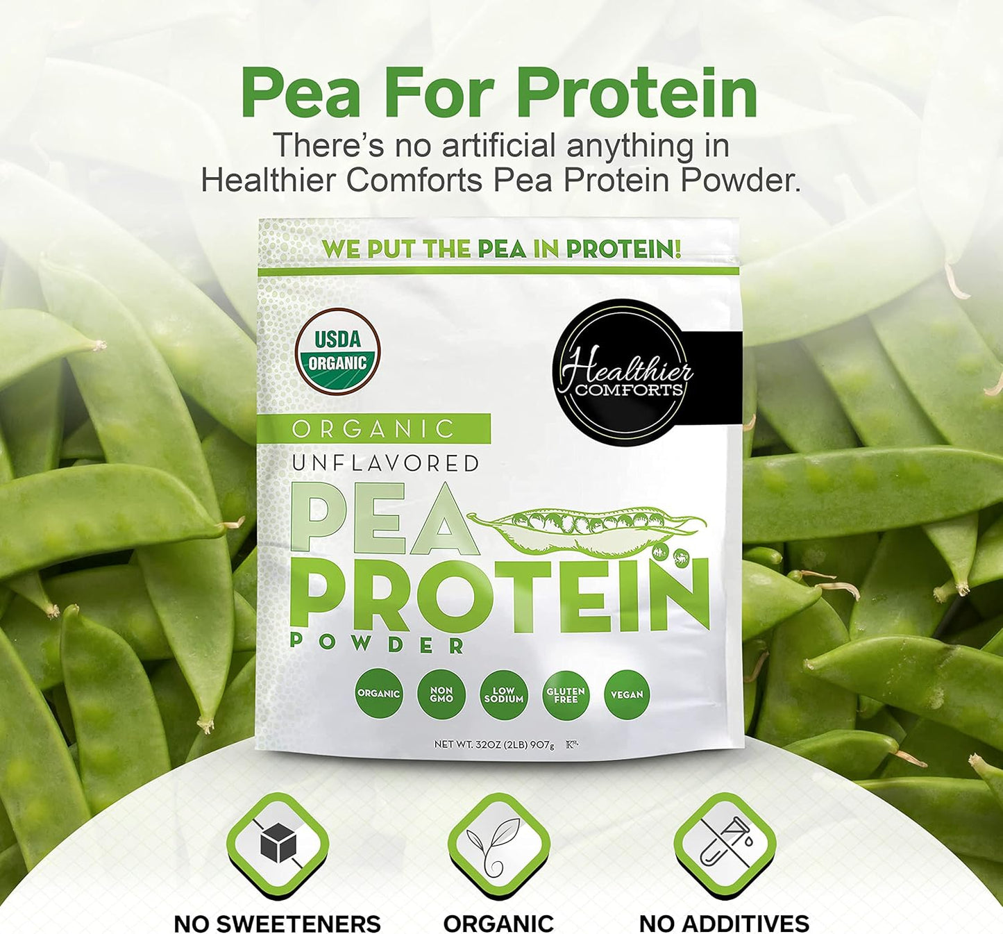 Organic Unflavored Pea Vegan Protein Powder - 100% Plant Based, Low Sodium, Kosher, Gluten Free, Non-GMO, Keto Friendly - 32oz