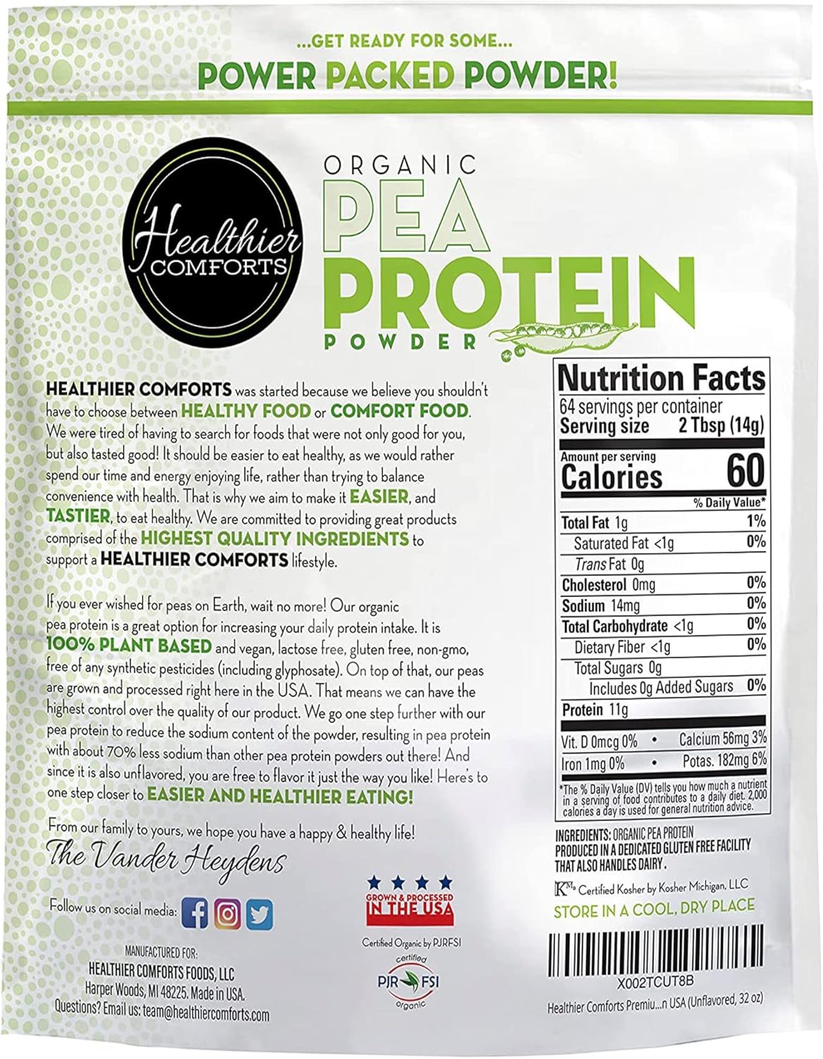 Organic Unflavored Pea Vegan Protein Powder - 100% Plant Based, Low Sodium, Kosher, Gluten Free, Non-GMO, Keto Friendly - 32oz