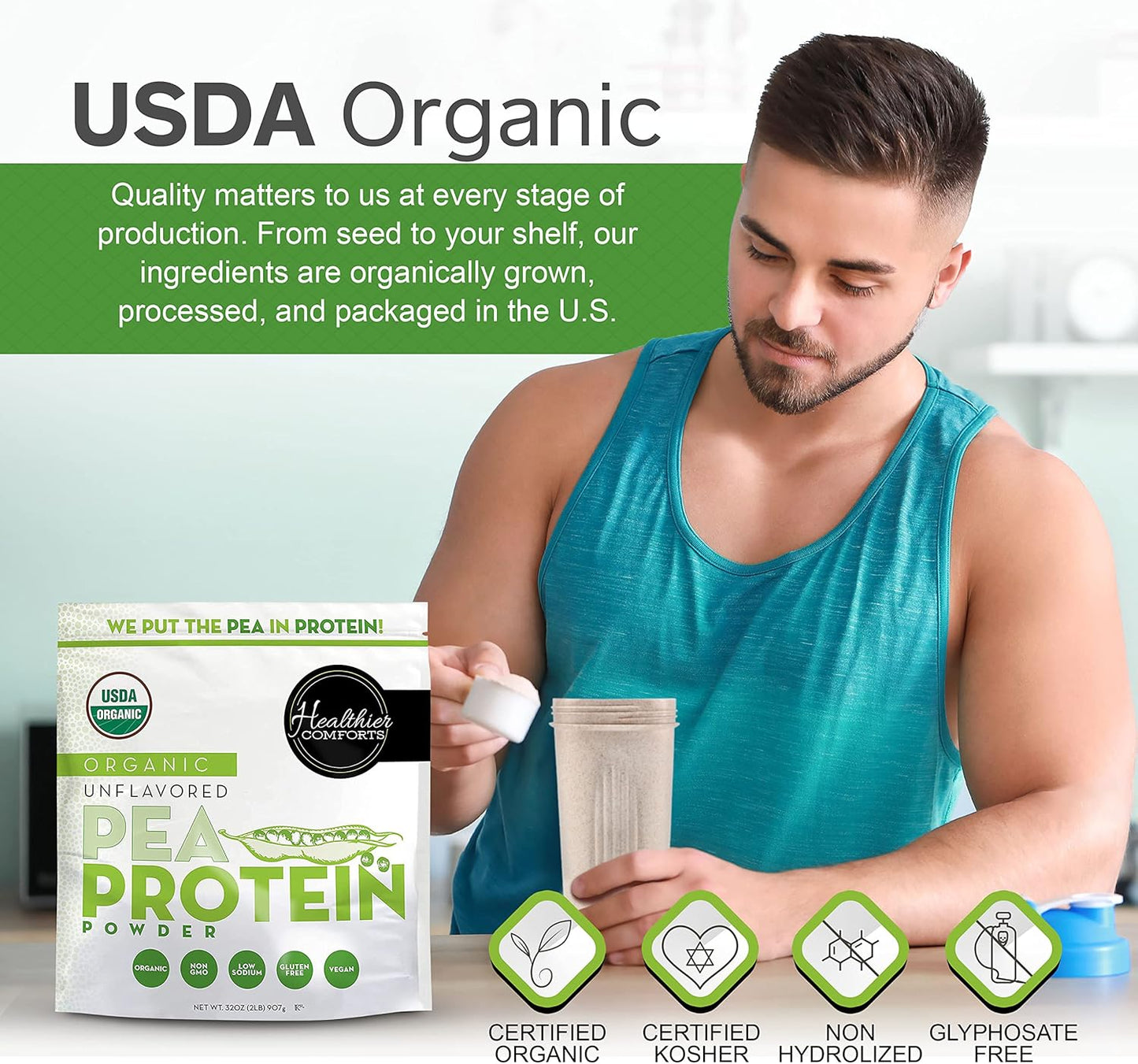 Organic Unflavored Pea Vegan Protein Powder - 100% Plant Based, Low Sodium, Kosher, Gluten Free, Non-GMO, Keto Friendly - 32oz