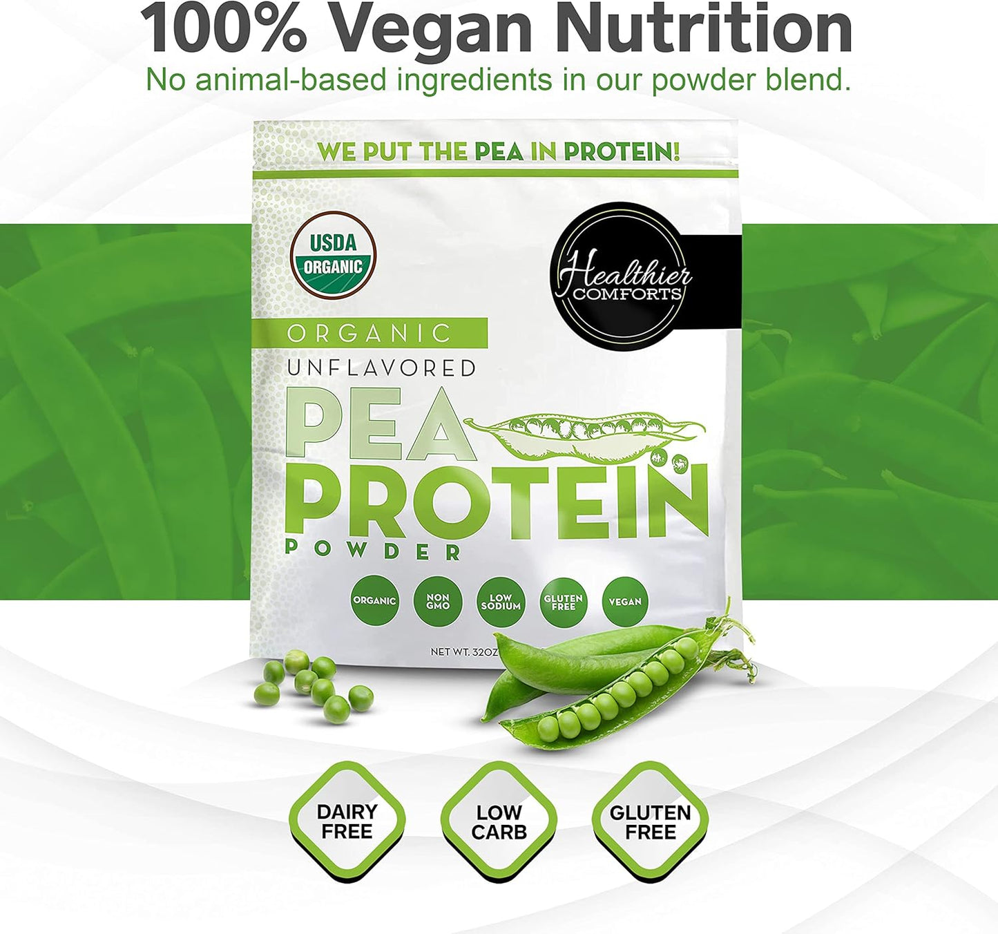 Organic Unflavored Pea Vegan Protein Powder - 100% Plant Based, Low Sodium, Kosher, Gluten Free, Non-GMO, Keto Friendly - 32oz