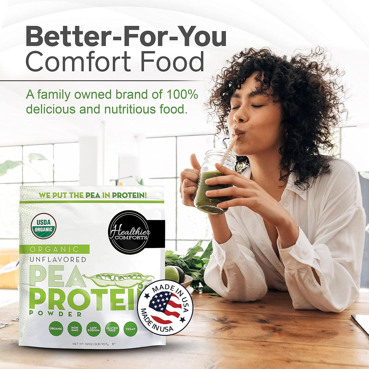 Organic Unflavored Pea Vegan Protein Powder - 100% Plant Based, Low Sodium, Kosher, Gluten Free, Non-GMO, Keto Friendly - 32oz