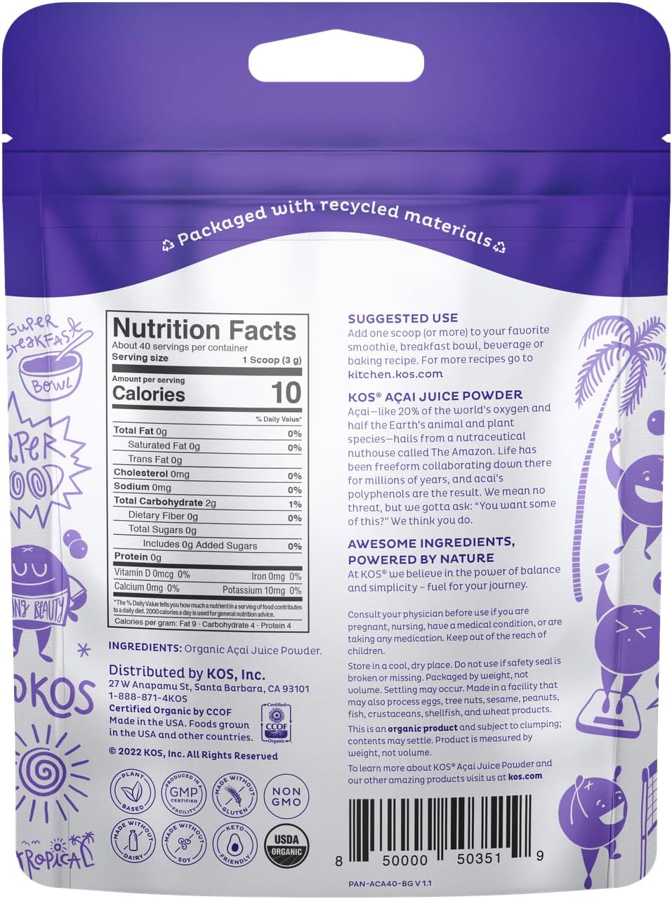 Organic Unsweetened Acai Powder - Antioxidant Superfood for Smoothies & Bowls - Gluten-Free & Non-GMO - 40 Servings