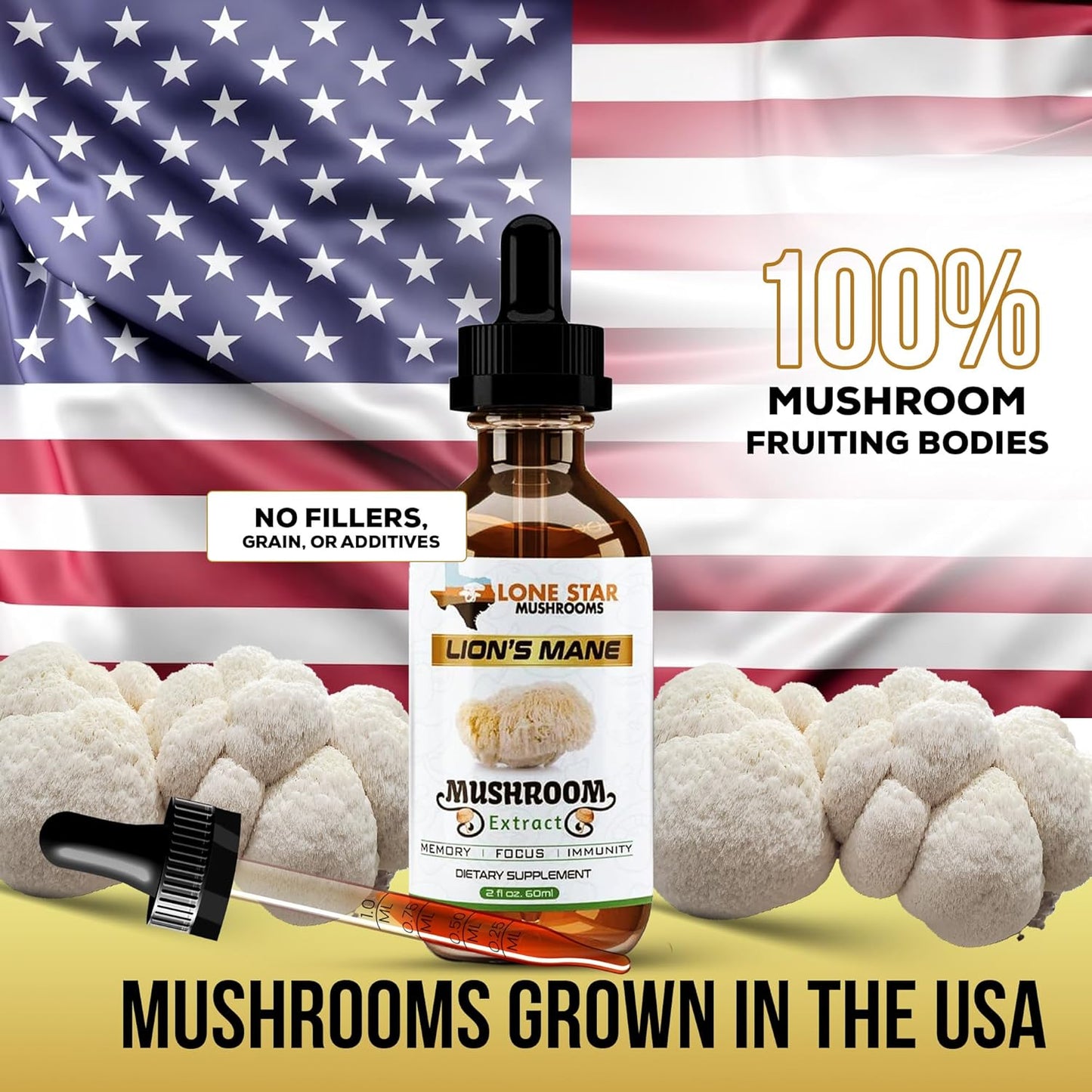 Organic USA-Grown Lions Mane Dual Liquid Extract | Highly Concentrated Fruiting Bodies | Boost Memory, Focus, Immunity | No Fillers