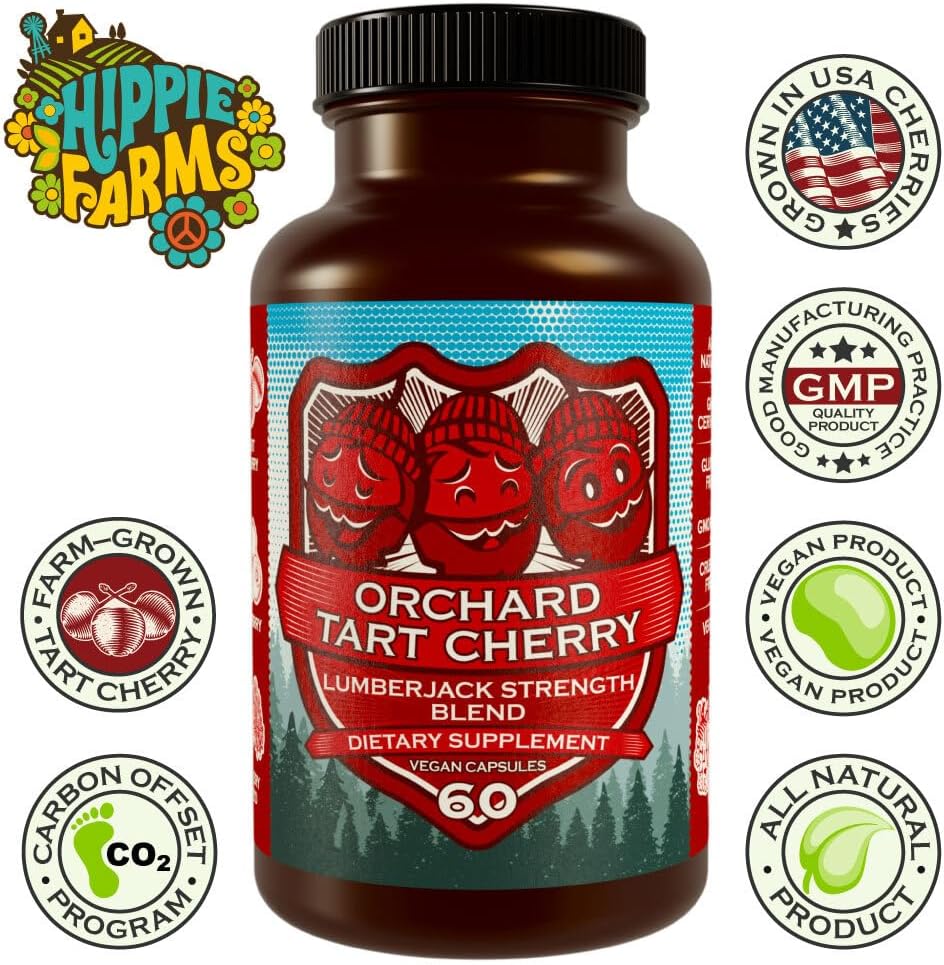 Organic USA-Grown Tart Cherry Capsules with Bilberry - Lumberjack Strength Blend (60 Count) by Hippie Farms