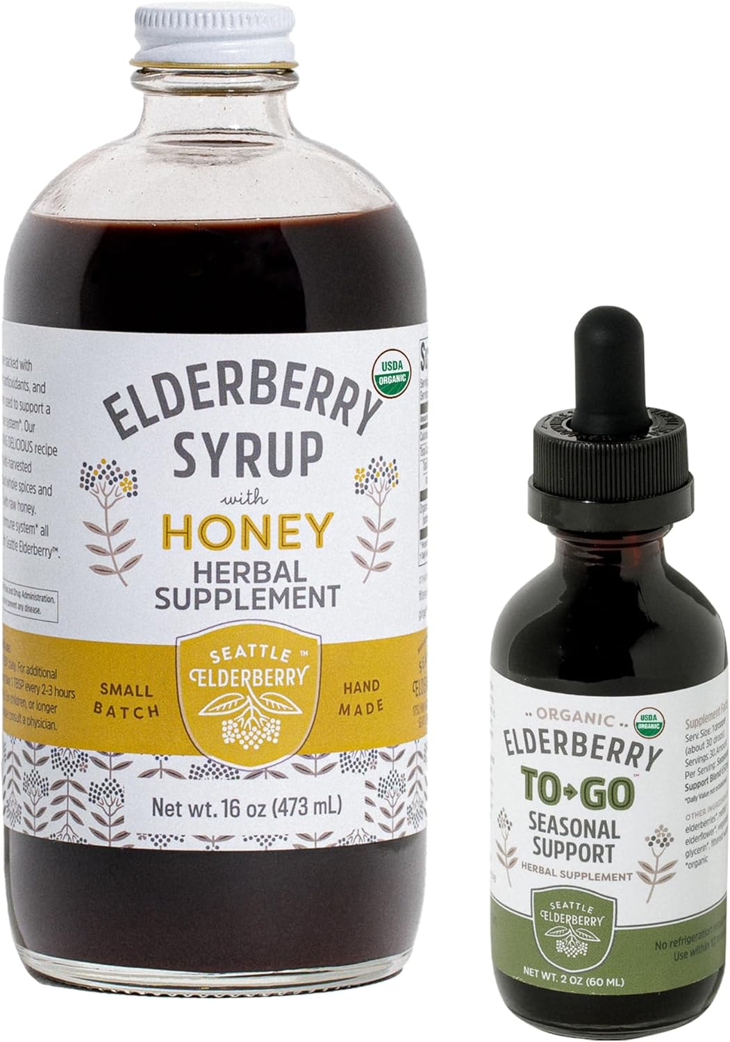 Organic USA-Made Elderberry Herbal Supplement Starter Set - 16oz Syrup with Honey & 2oz To-Go Seasonal Support