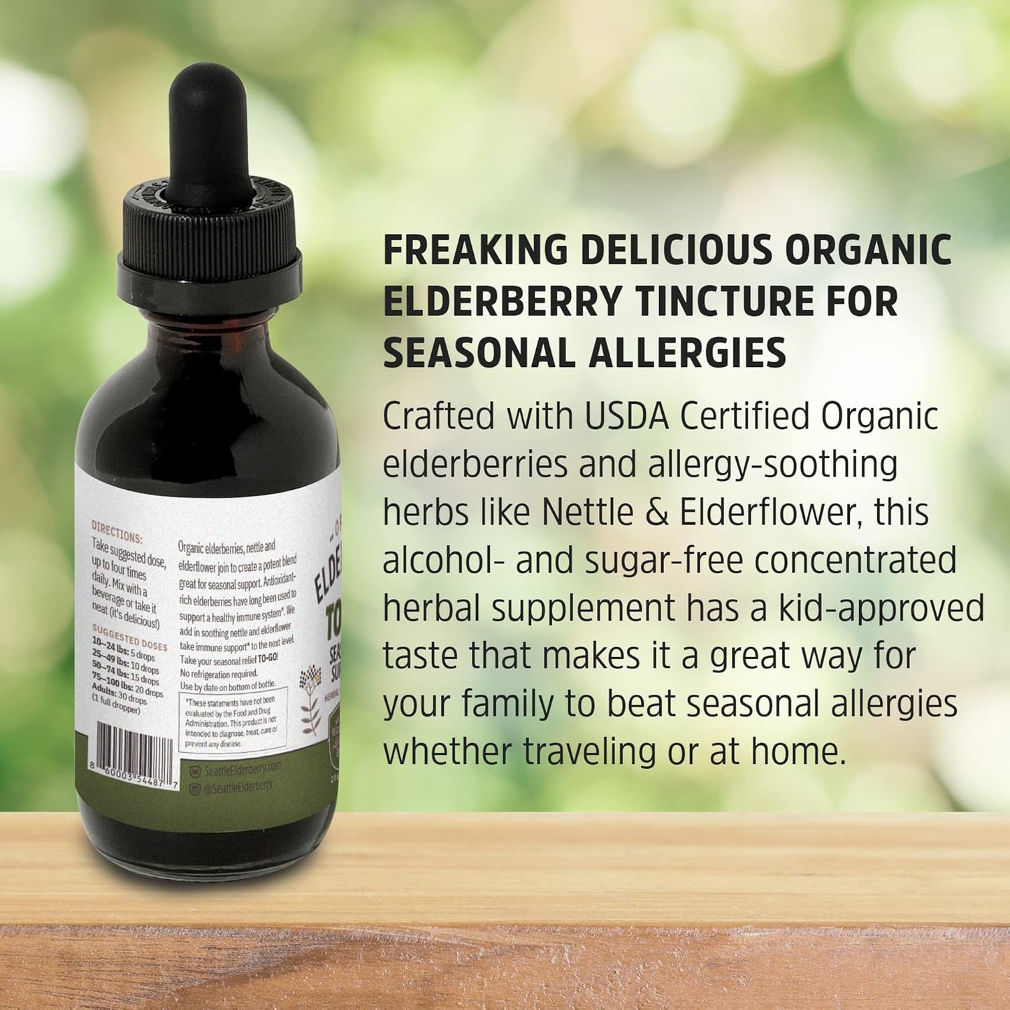 Organic USA-Made Elderberry Herbal Supplement Starter Set - 16oz Syrup with Honey & 2oz To-Go Seasonal Support