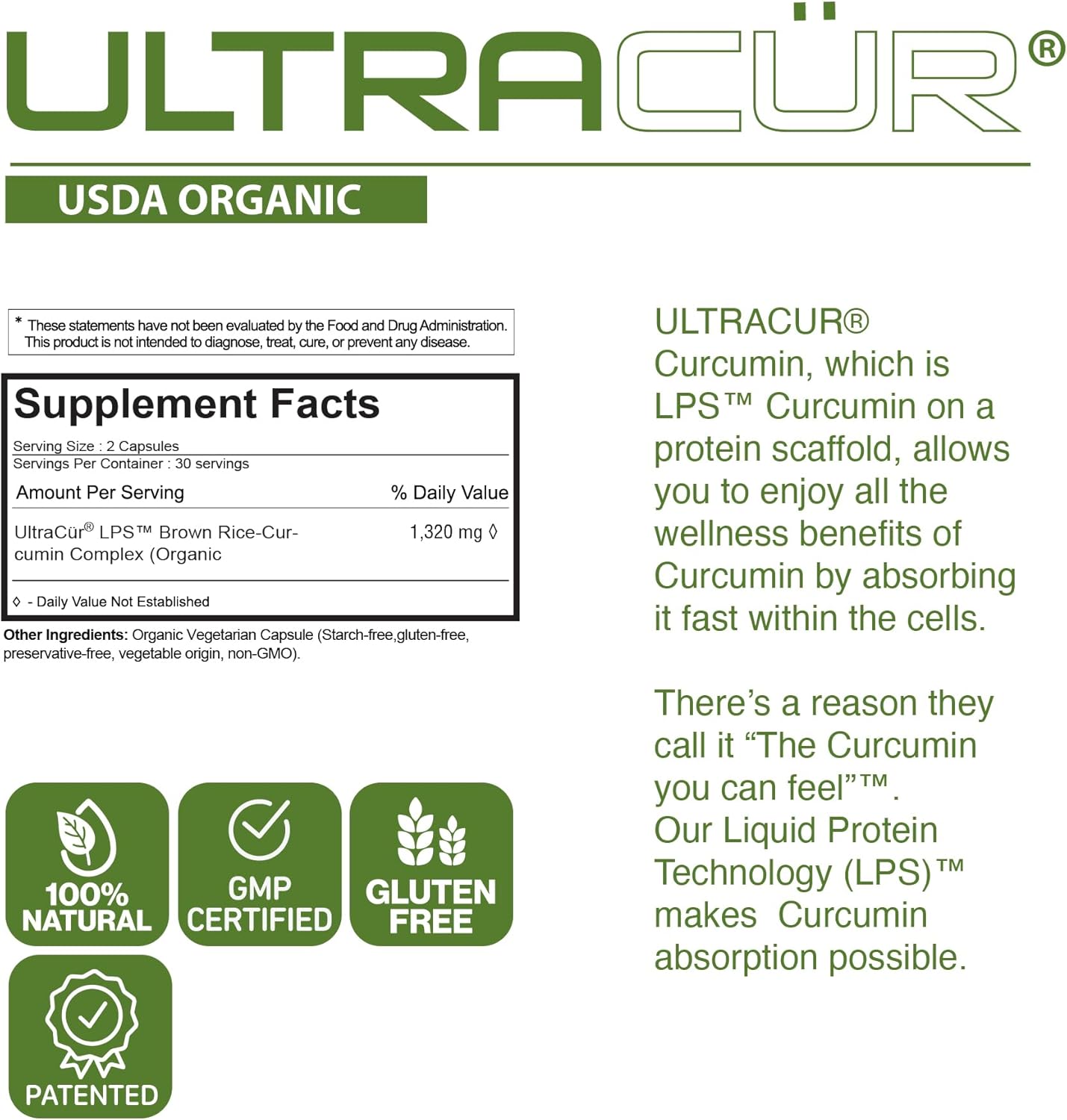 Organic USDA Certified LPS™ Turmeric Curcumin Capsules - Patented Technology for Fast Results - 60 Count