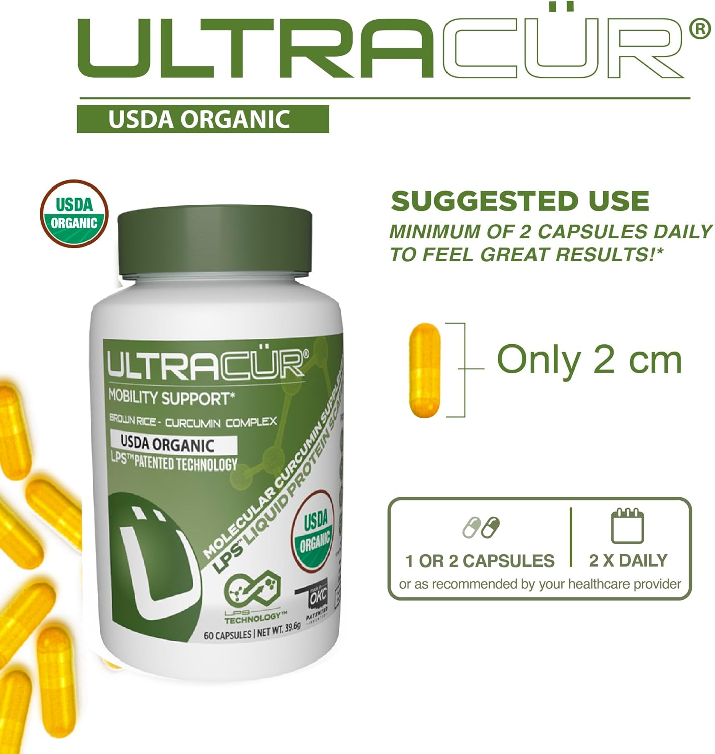 Organic USDA Certified LPS™ Turmeric Curcumin Capsules - Patented Technology for Fast Results - 60 Count