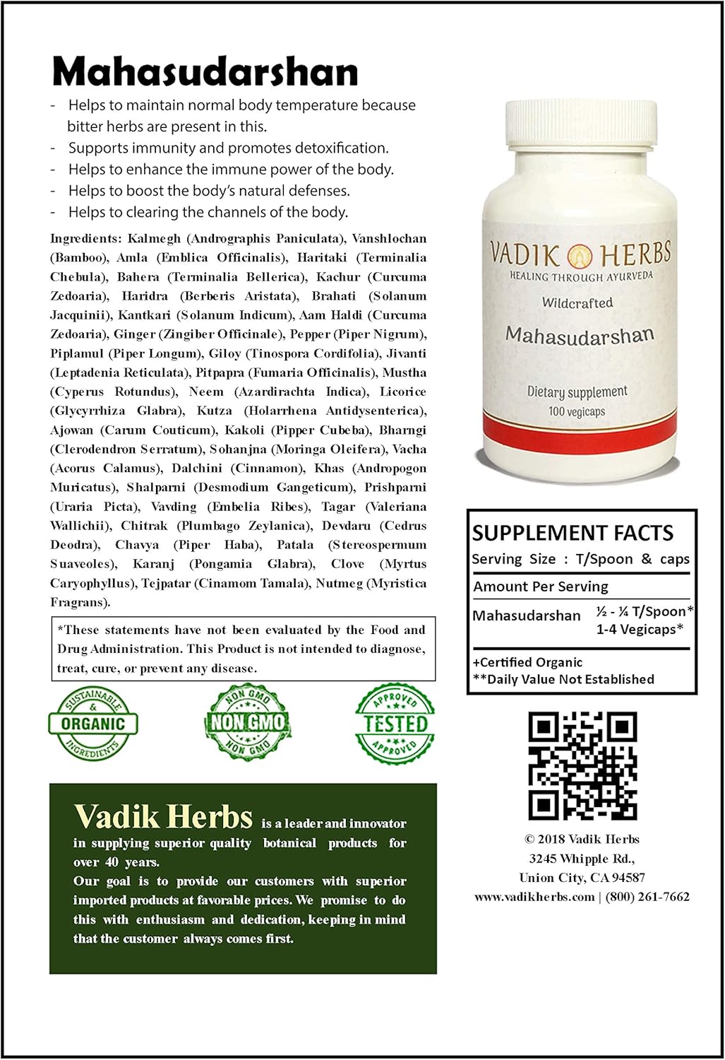 Organic Vadik Herbs Mahasudarshan Powder 1lb. | Boosts Immune System, Detoxifies, Regulates Body Temperature