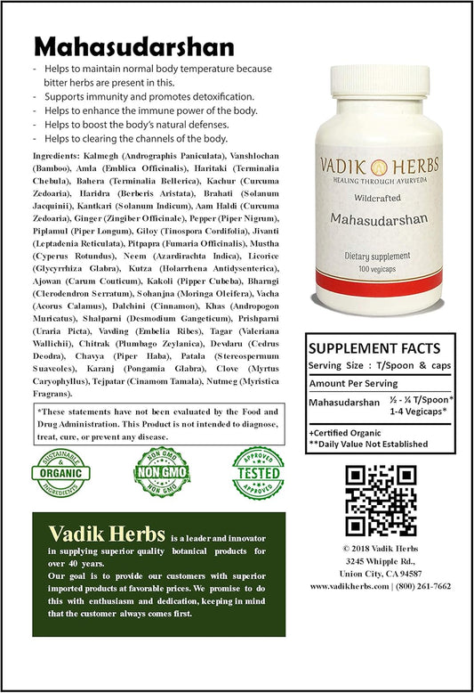 Organic Vadik Herbs Mahasudarshan Powder 1lb. | Boosts Immune System, Detoxifies, Regulates Body Temperature