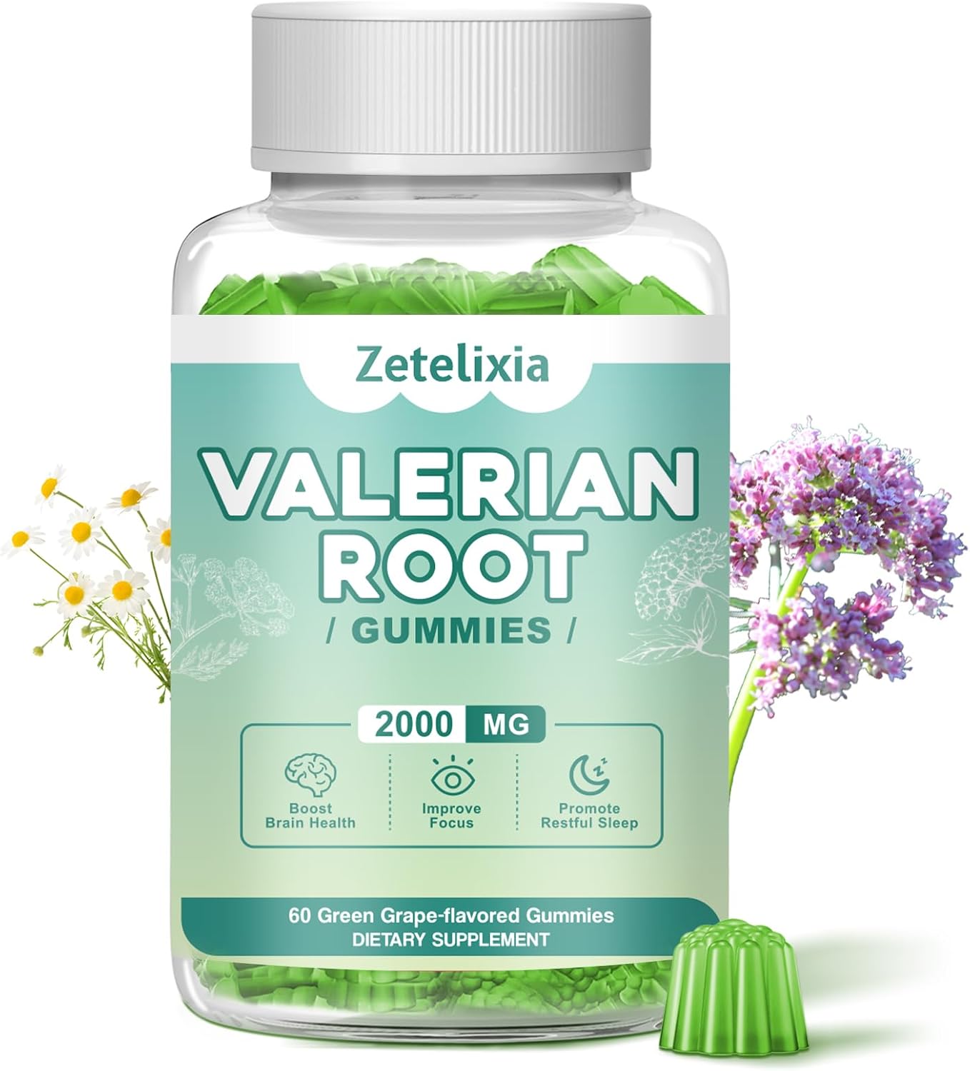 Organic Valerian Root Gummies for Relaxation and Mood Support - Gluten-Free, Vegan, Green Grape Flavor - 60 Count