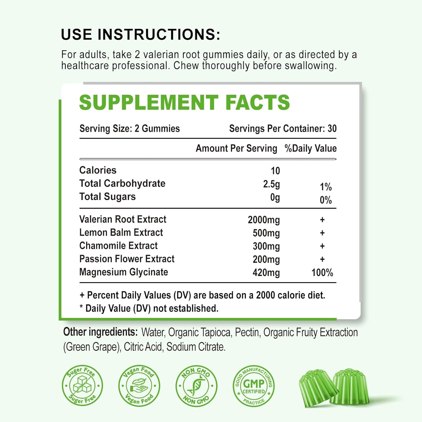 Organic Valerian Root Gummies for Relaxation and Mood Support - Gluten-Free, Vegan, Green Grape Flavor - 60 Count