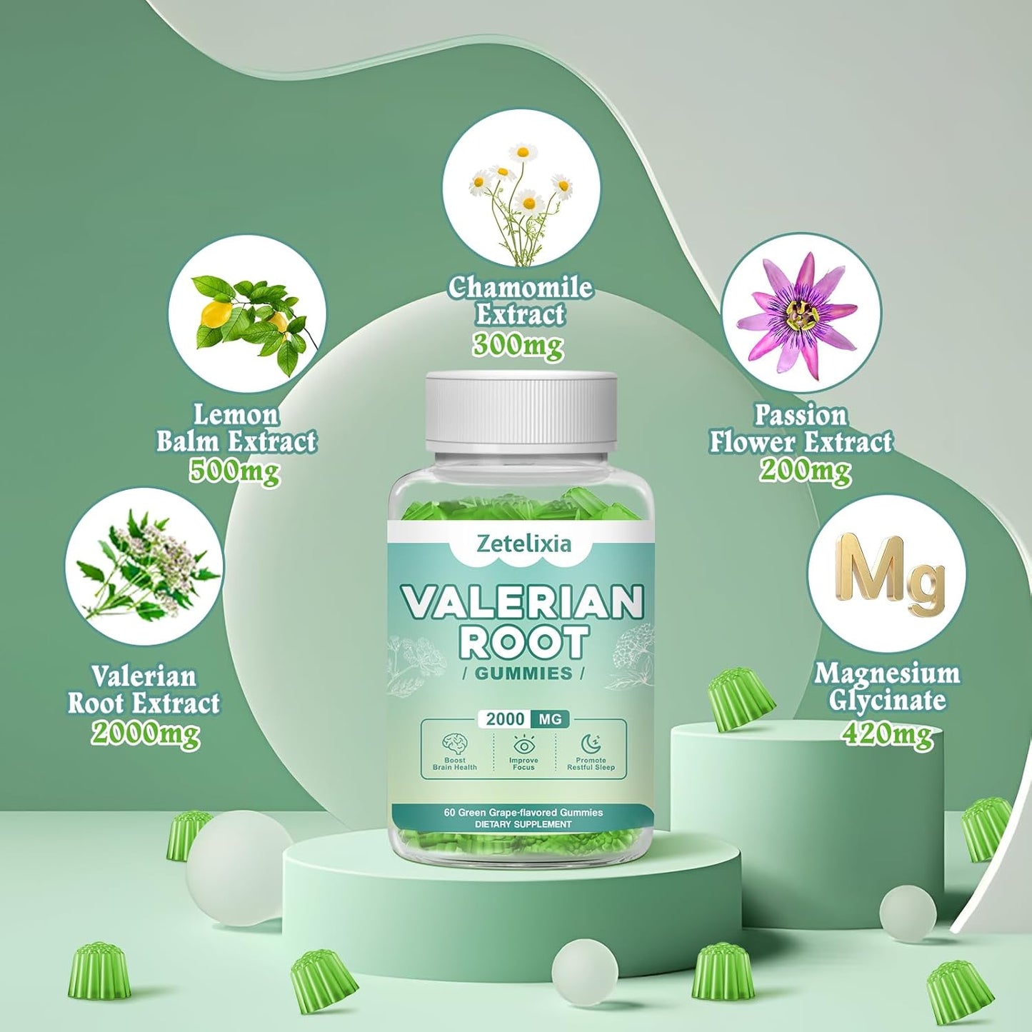 Organic Valerian Root Gummies for Relaxation and Mood Support - Gluten-Free, Vegan, Green Grape Flavor - 60 Count