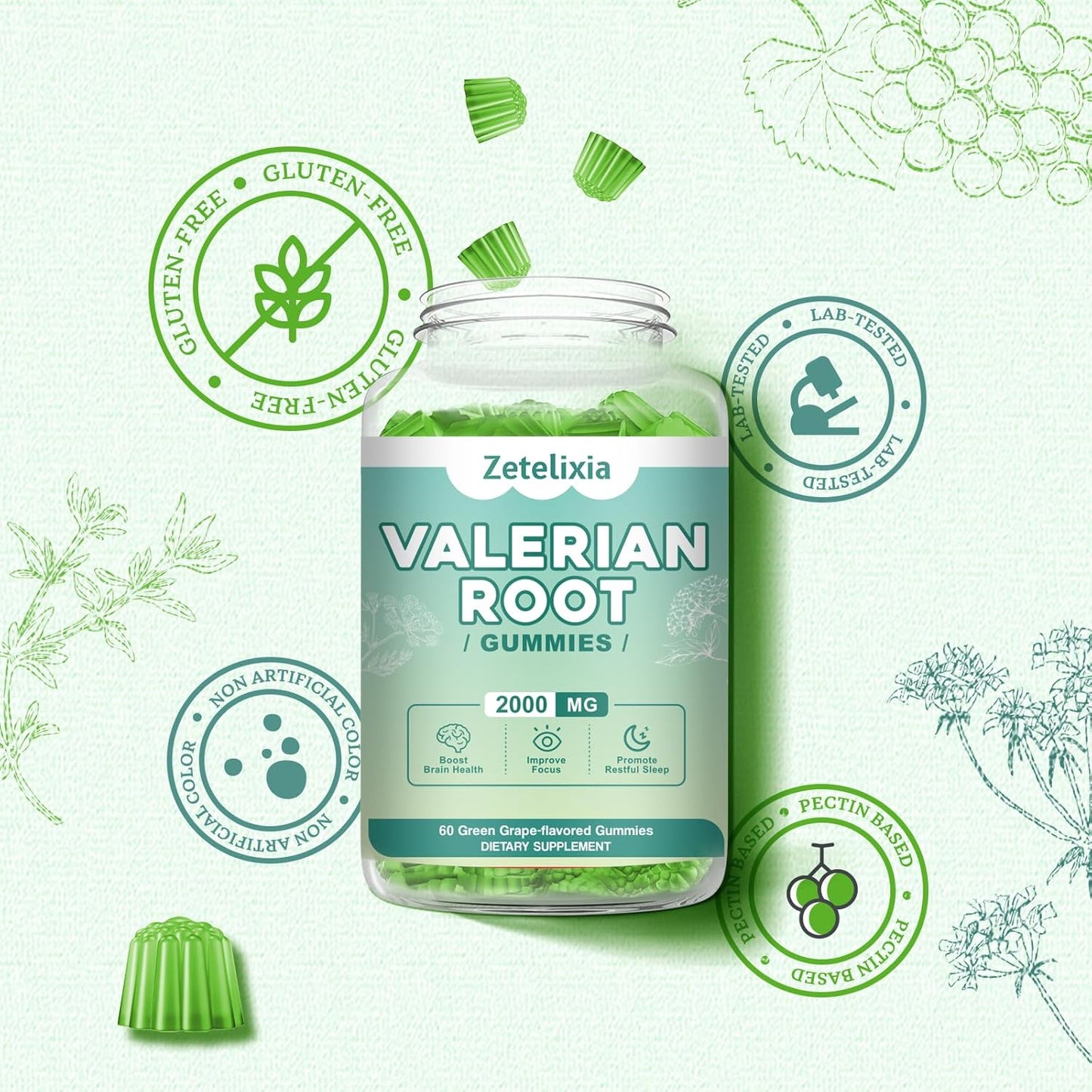 Organic Valerian Root Gummies for Relaxation and Mood Support - Gluten-Free, Vegan, Green Grape Flavor - 60 Count