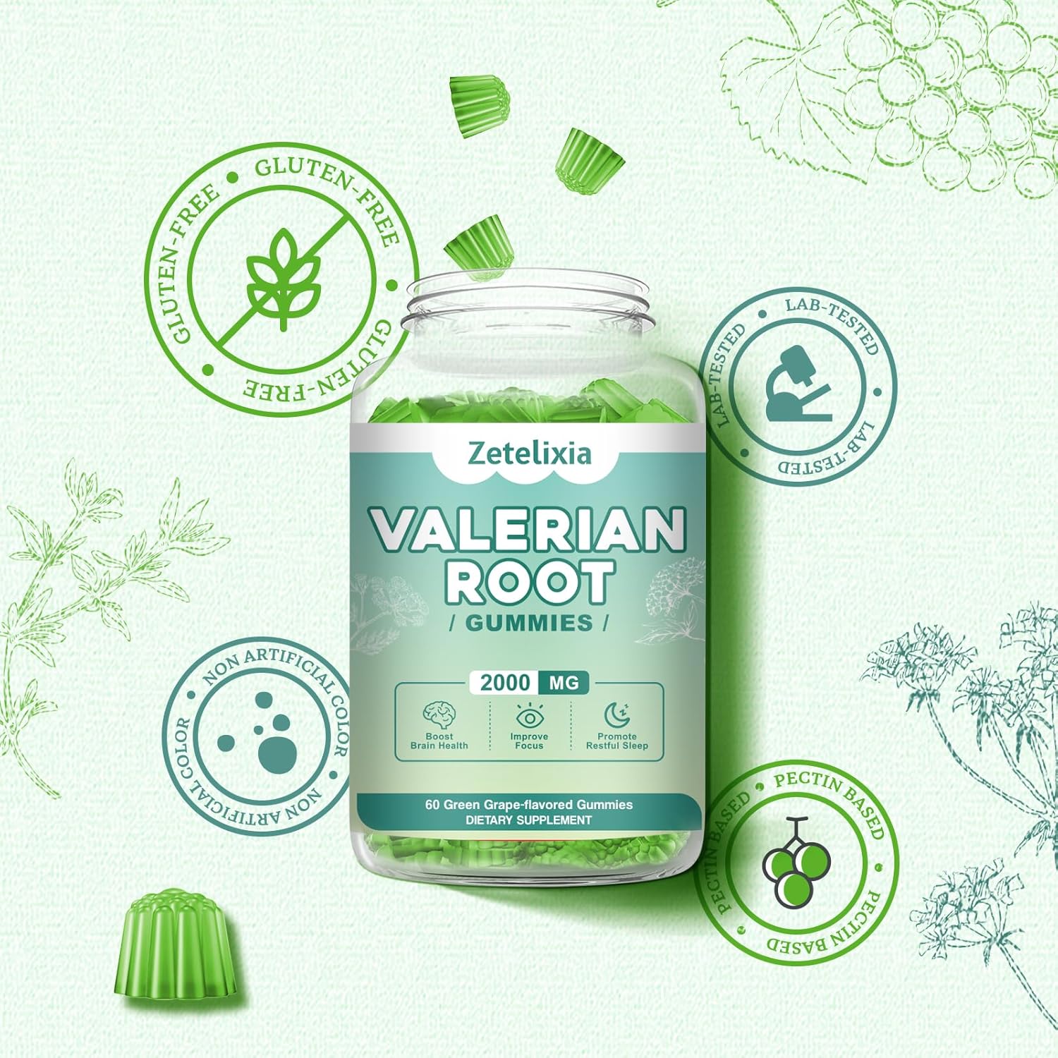 Organic Valerian Root Gummies for Relaxation and Mood Support - Gluten-Free, Vegan, Green Grape Flavor - 60 Count