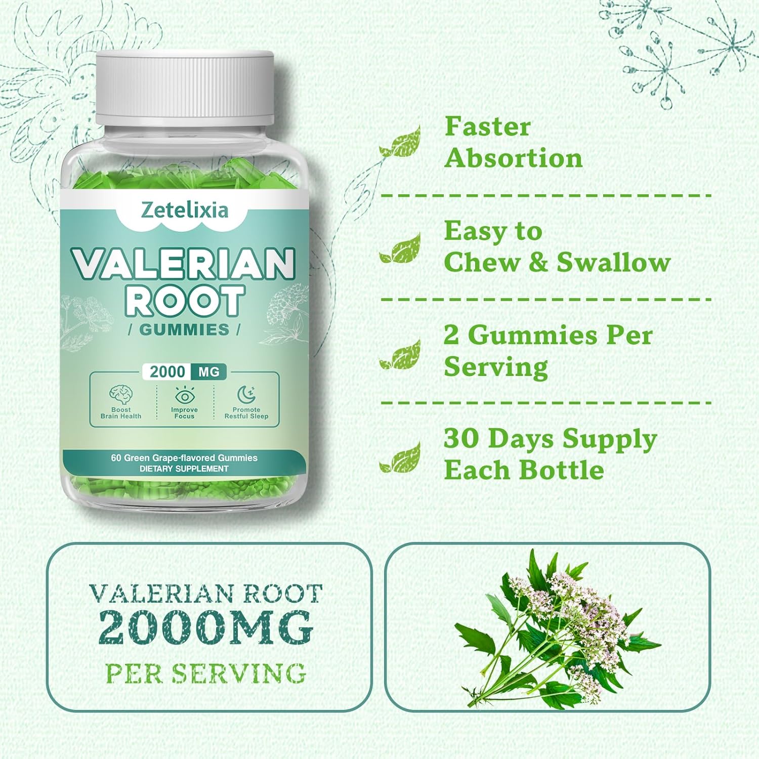 Organic Valerian Root Gummies for Relaxation and Mood Support - Gluten-Free, Vegan, Green Grape Flavor - 60 Count