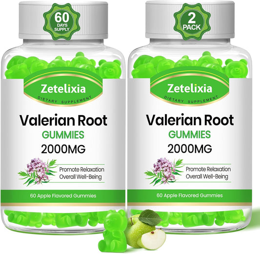Organic Valerian Root Gummies for Relaxation & Mood Support - 2 Pack, Vegan Apple Flavor, Non-GMO Sleep Supplement, 120 Count