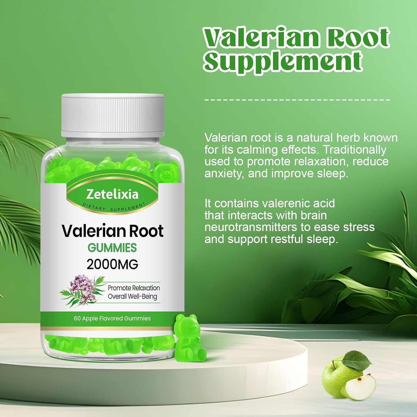 Organic Valerian Root Gummies for Relaxation & Mood Support - 2 Pack, Vegan Apple Flavor, Non-GMO Sleep Supplement, 120 Count