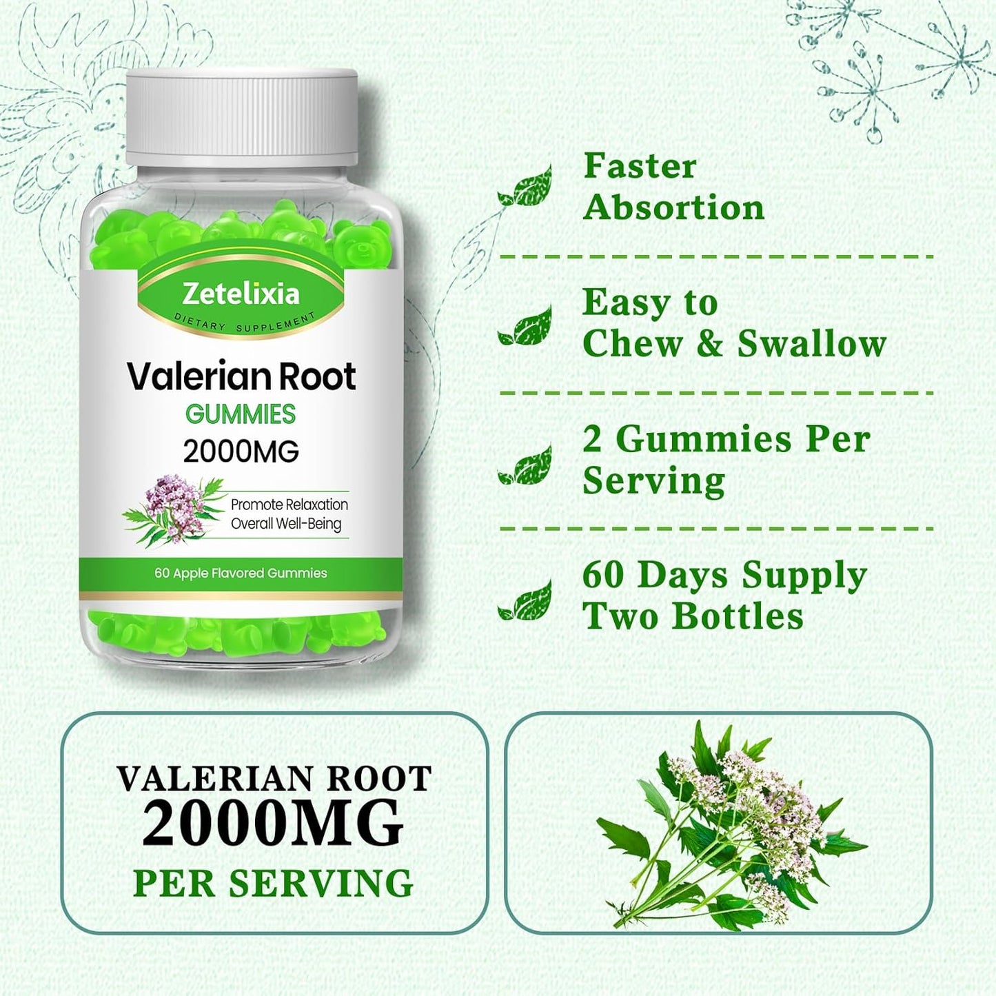 Organic Valerian Root Gummies for Relaxation & Mood Support - 2 Pack, Vegan Apple Flavor, Non-GMO Sleep Supplement, 120 Count