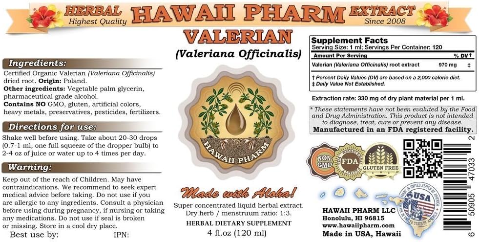 Organic Valerian Root Liquid Extract Tincture - Herbal Supplement Made in USA - 4 fl.oz Bottle by Hawaii Pharm