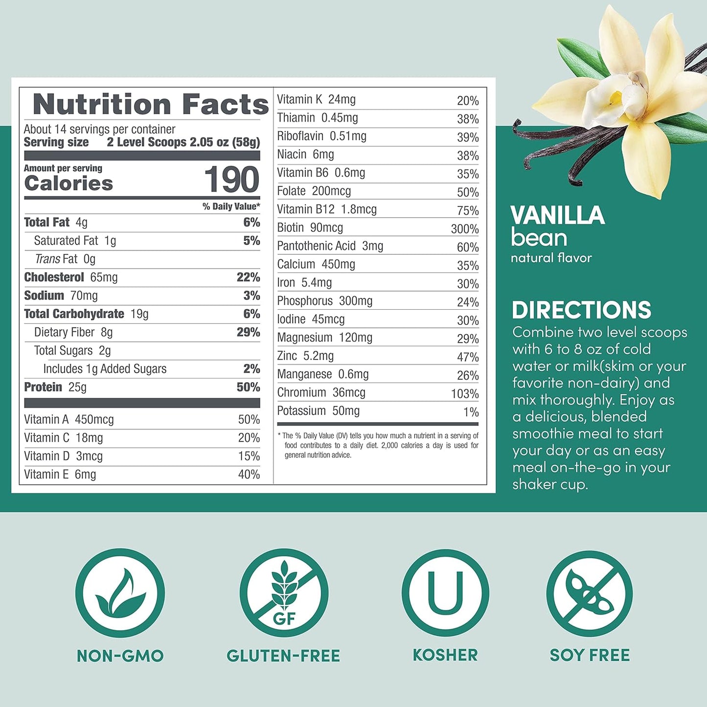 Organic Vanilla Bean Designer Whey Protein Meal Replacement Powder with Superfood Complex Carbs - 1.72 Pound