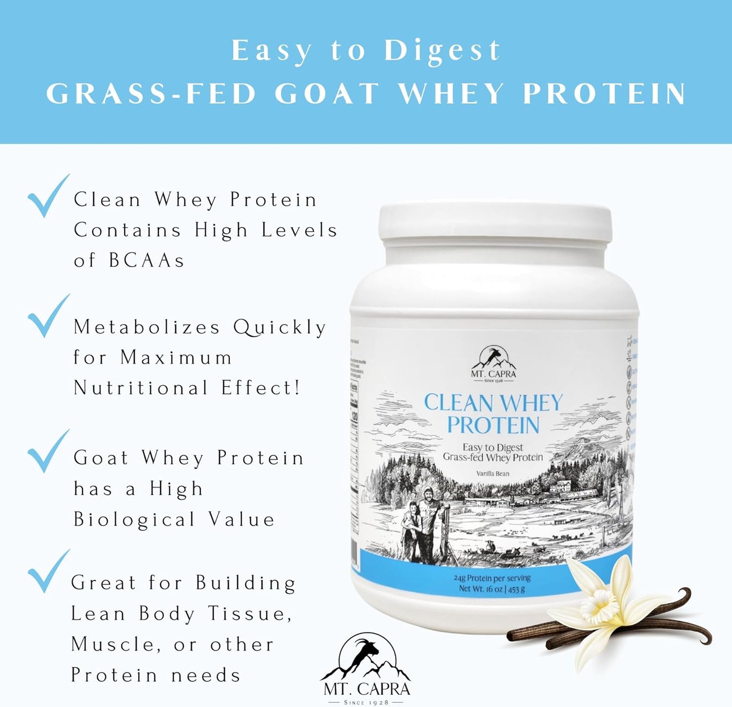 Organic Vanilla Bean Goat Whey Protein Powder | Grass-Fed, Non-GMO, High Protein | 24g Per Serving | All Natural, Rich in Amino Acids | 15 Servings - 16 oz
