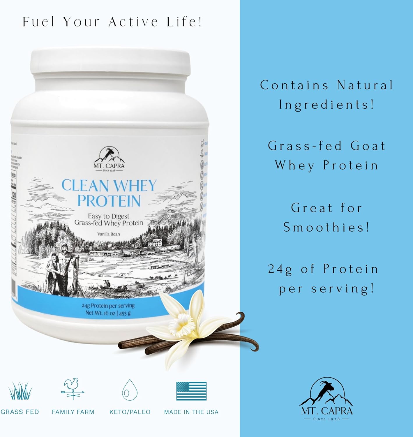 Organic Vanilla Bean Goat Whey Protein Powder | Grass-Fed, Non-GMO, High Protein | 24g Per Serving | All Natural, Rich in Amino Acids | 15 Servings - 16 oz