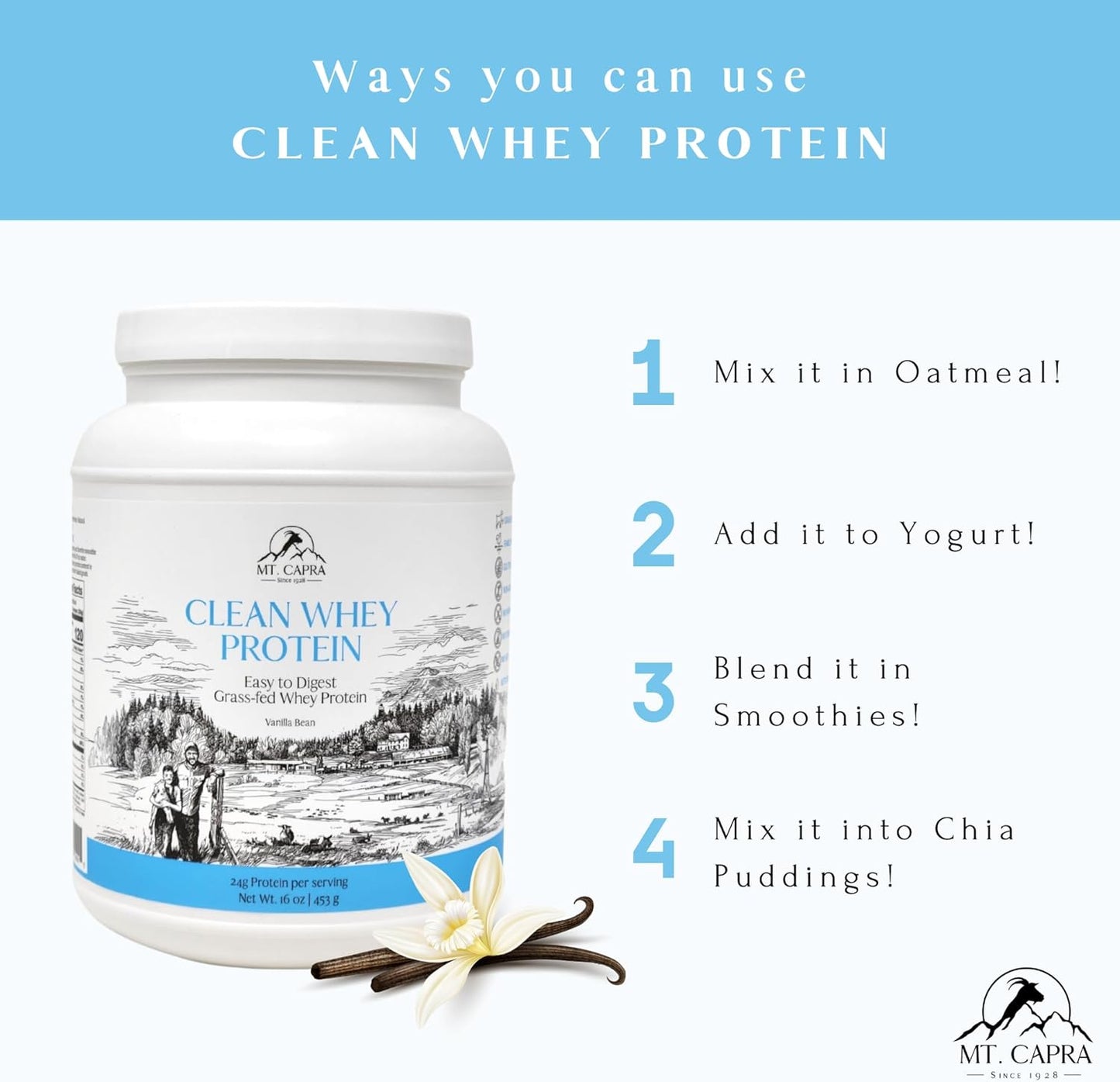 Organic Vanilla Bean Goat Whey Protein Powder | Grass-Fed, Non-GMO, High Protein | 24g Per Serving | All Natural, Rich in Amino Acids | 15 Servings - 16 oz
