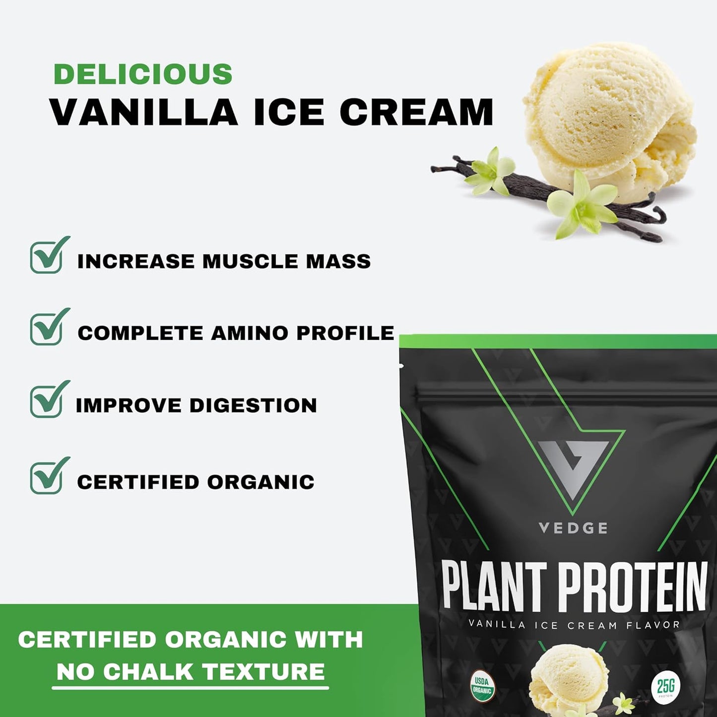 Organic Vanilla Ice Cream Plant Protein Powder - Vegan, Gluten Free, Non Dairy - USDA Certified Organic (20 Servings)
