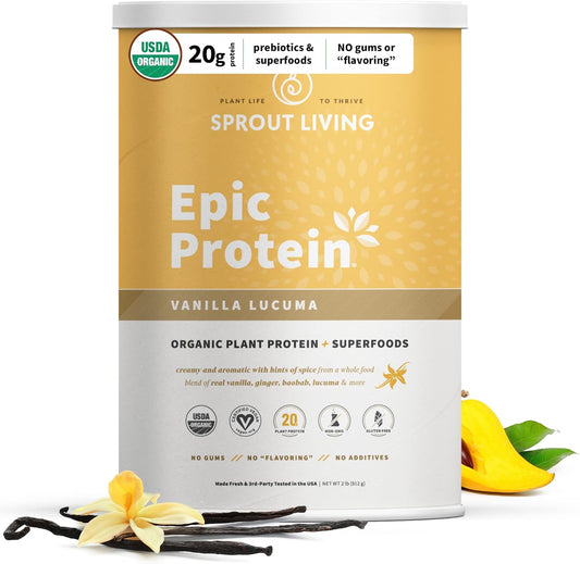Organic Vanilla Lucuma Plant Based Protein Powder | Sprout Living Epic Protein, Superfoods Blend | 20g Protein, Vegan, Non-GMO, Gluten Free, Low Sugar | 2lb, 24 Servings