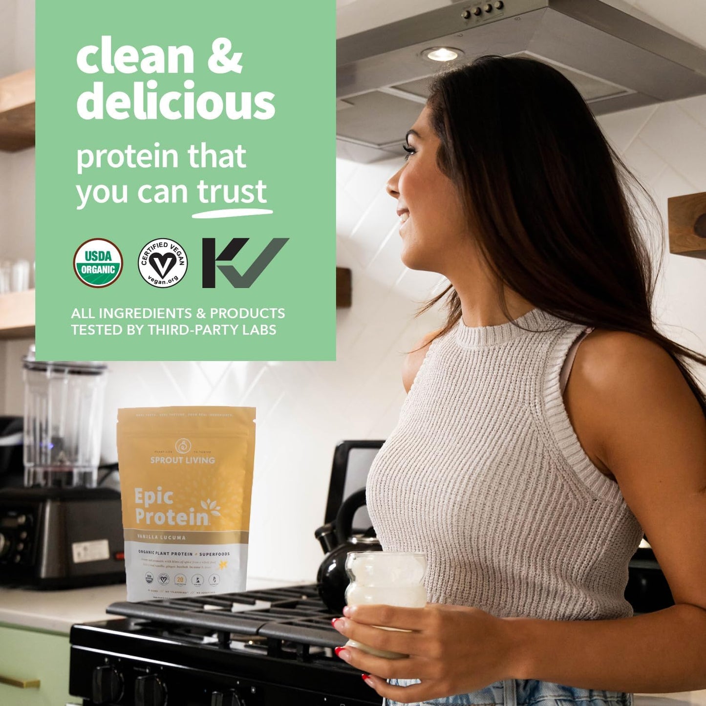 Organic Vanilla Lucuma Plant Based Protein Powder | Sprout Living Epic Protein, Superfoods Blend | 20g Protein, Vegan, Non-GMO, Gluten Free, Low Sugar | 2lb, 24 Servings