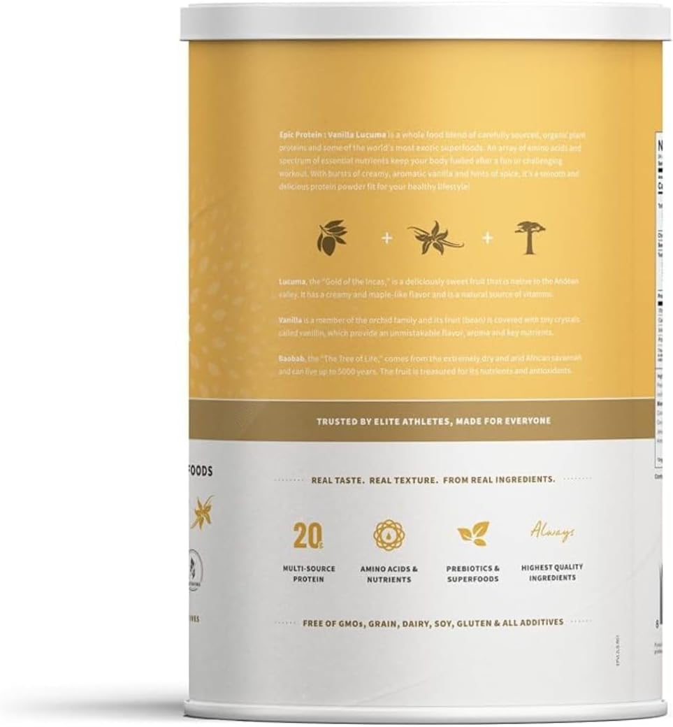 Organic Vanilla Lucuma Plant Based Protein Powder | Sprout Living Epic Protein, Superfoods Blend | 20g Protein, Vegan, Non-GMO, Gluten Free, Low Sugar | 2lb, 24 Servings