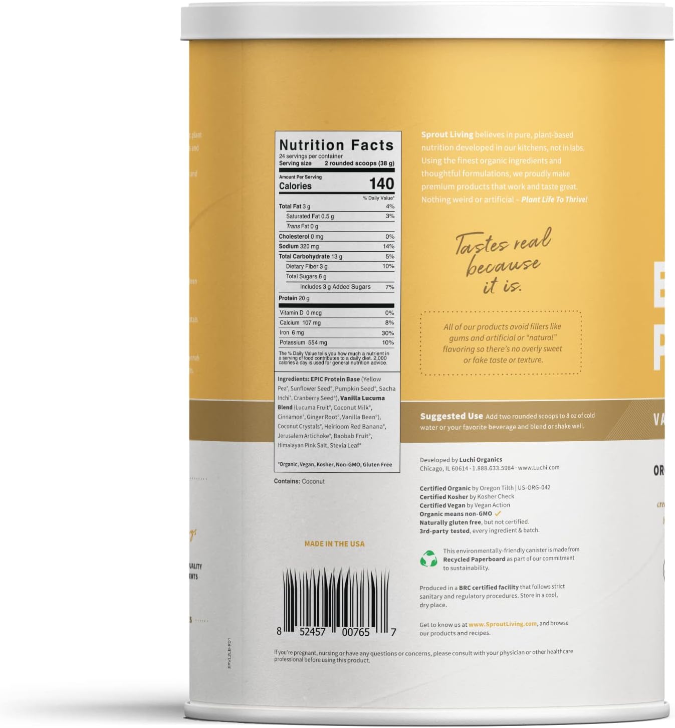 Organic Vanilla Lucuma Plant Based Protein Powder | Sprout Living Epic Protein, Superfoods Blend | 20g Protein, Vegan, Non-GMO, Gluten Free, Low Sugar | 2lb, 24 Servings