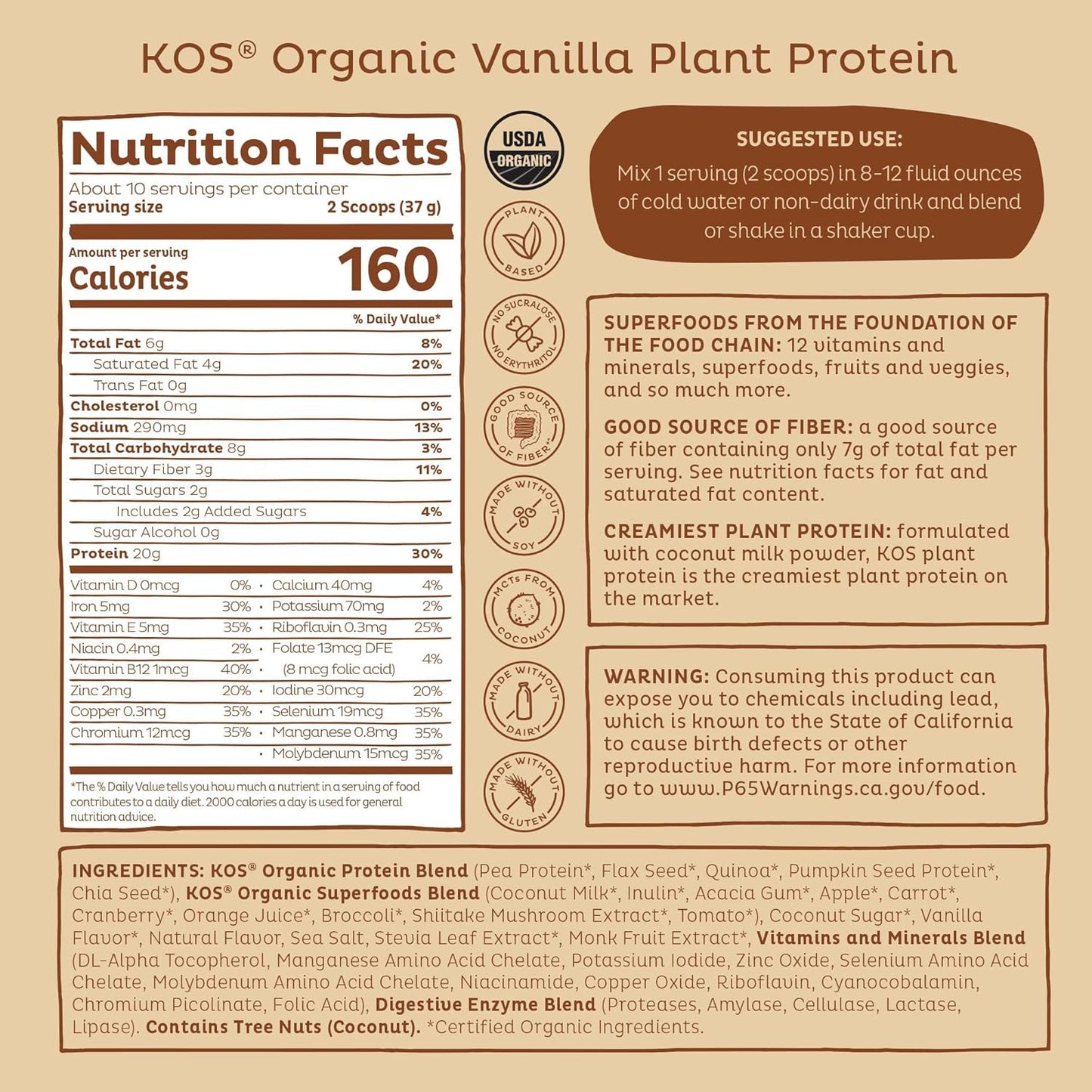 Organic Vanilla Plant Based Protein Powder - Low Carb Vegan Superfood with Vitamins & Minerals - Keto Friendly, Dairy & Soy Free - 10 Servings
