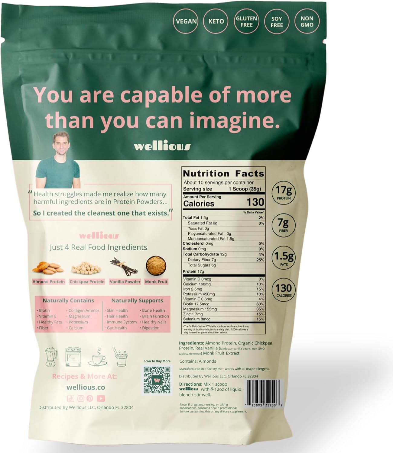 Organic Vanilla Vegan Protein Powder - Clean Plant-Based Protein for Gut Health, High Fiber, Keto-Friendly, Sodium-Free, Lactose-Free