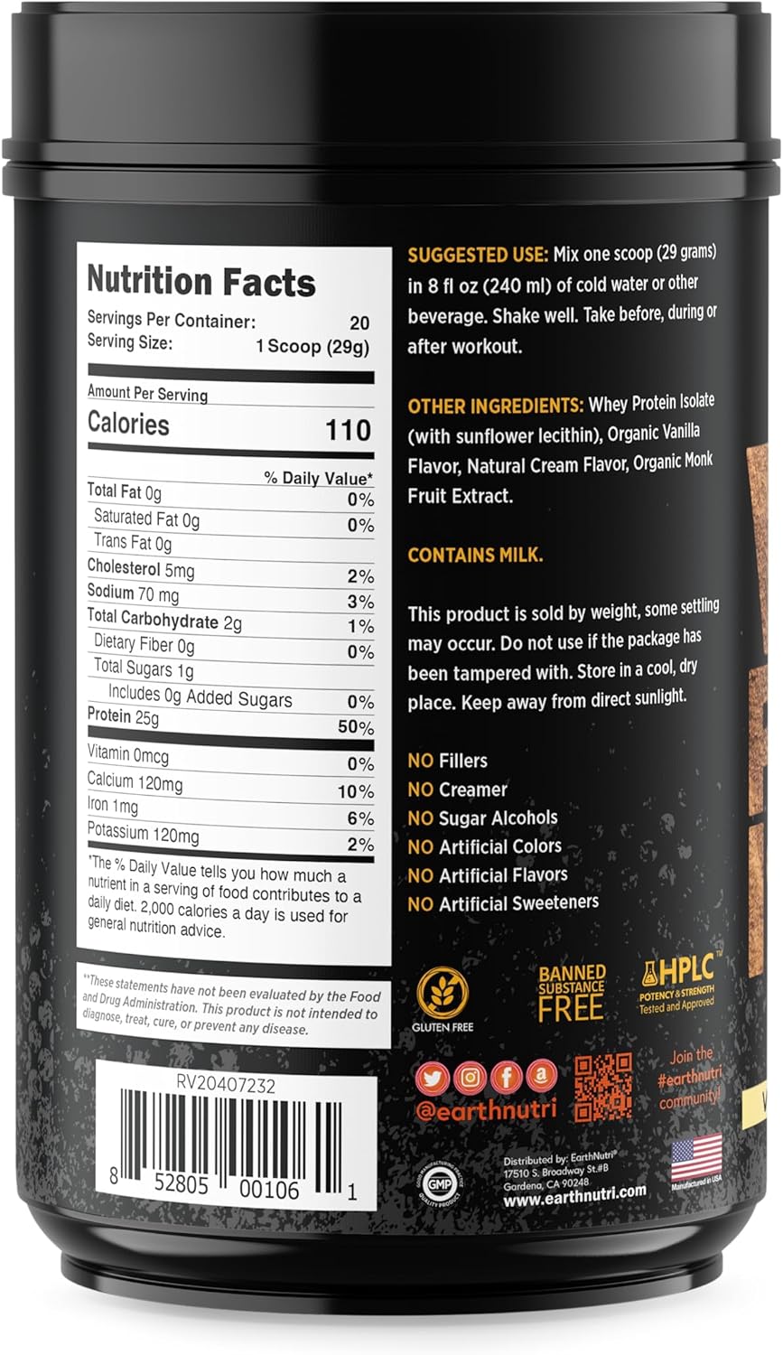 Organic Vanilla Whey Isolate Protein Powder - 25g Protein, Non-GMO, Muscle Growth Support - EarthNutri - 20 Servings